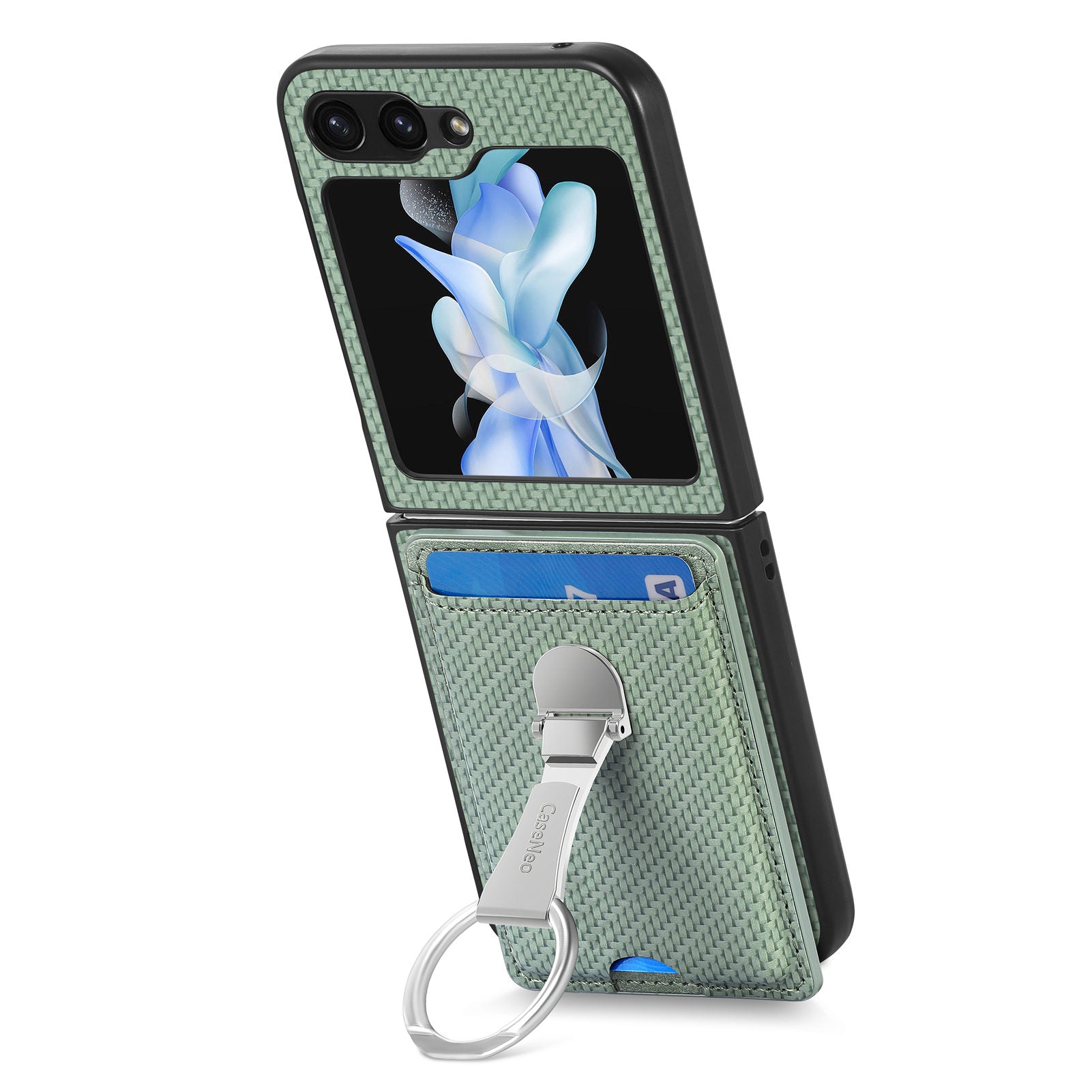For Samsung Galaxy Z Flip5 5G Rotary Ring Kickstand Phone Case Carbon Fiber Texture Card Holder Leather PC Cover