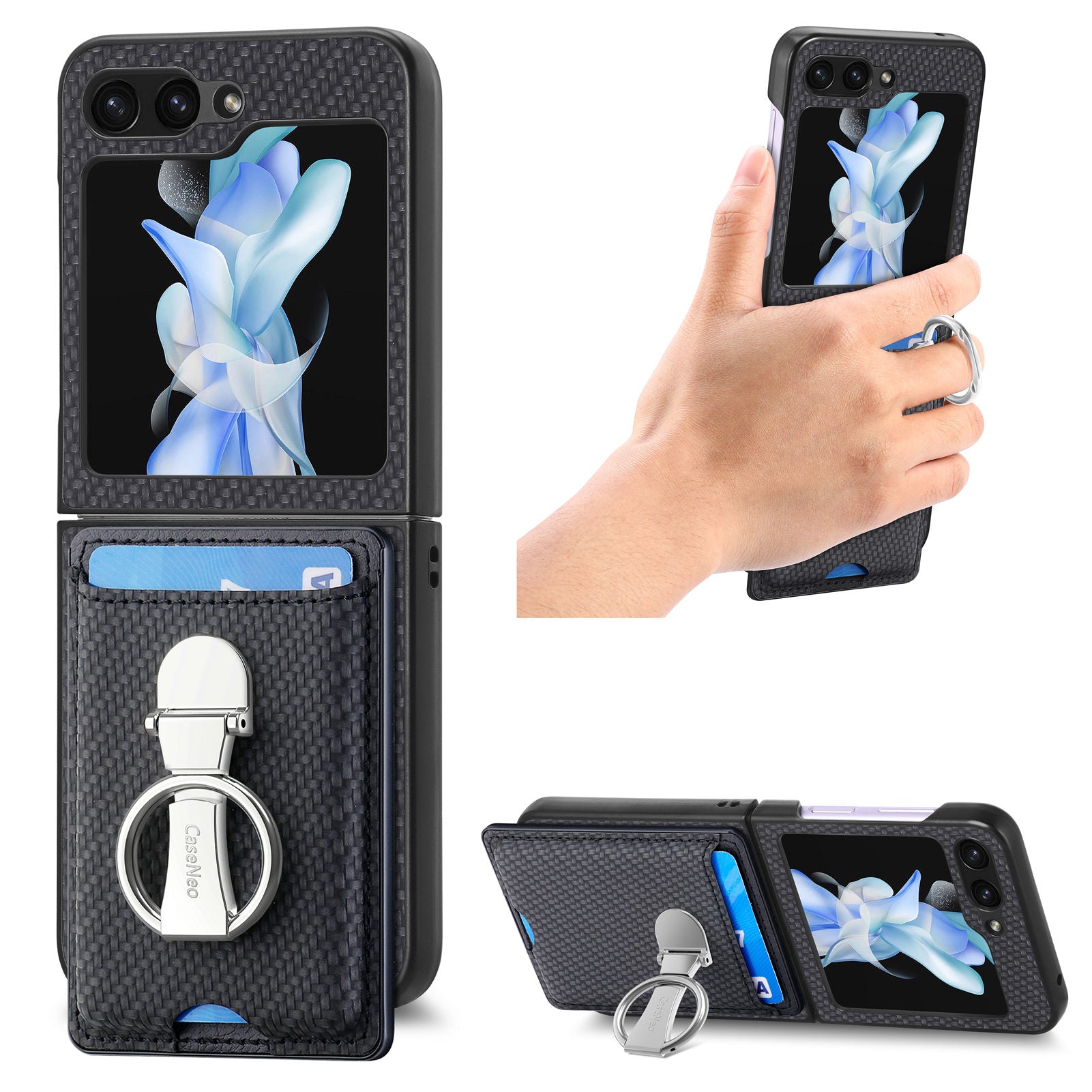 For Samsung Galaxy Z Flip5 5G Rotary Ring Kickstand Phone Case Carbon Fiber Texture Card Holder Leather PC Cover