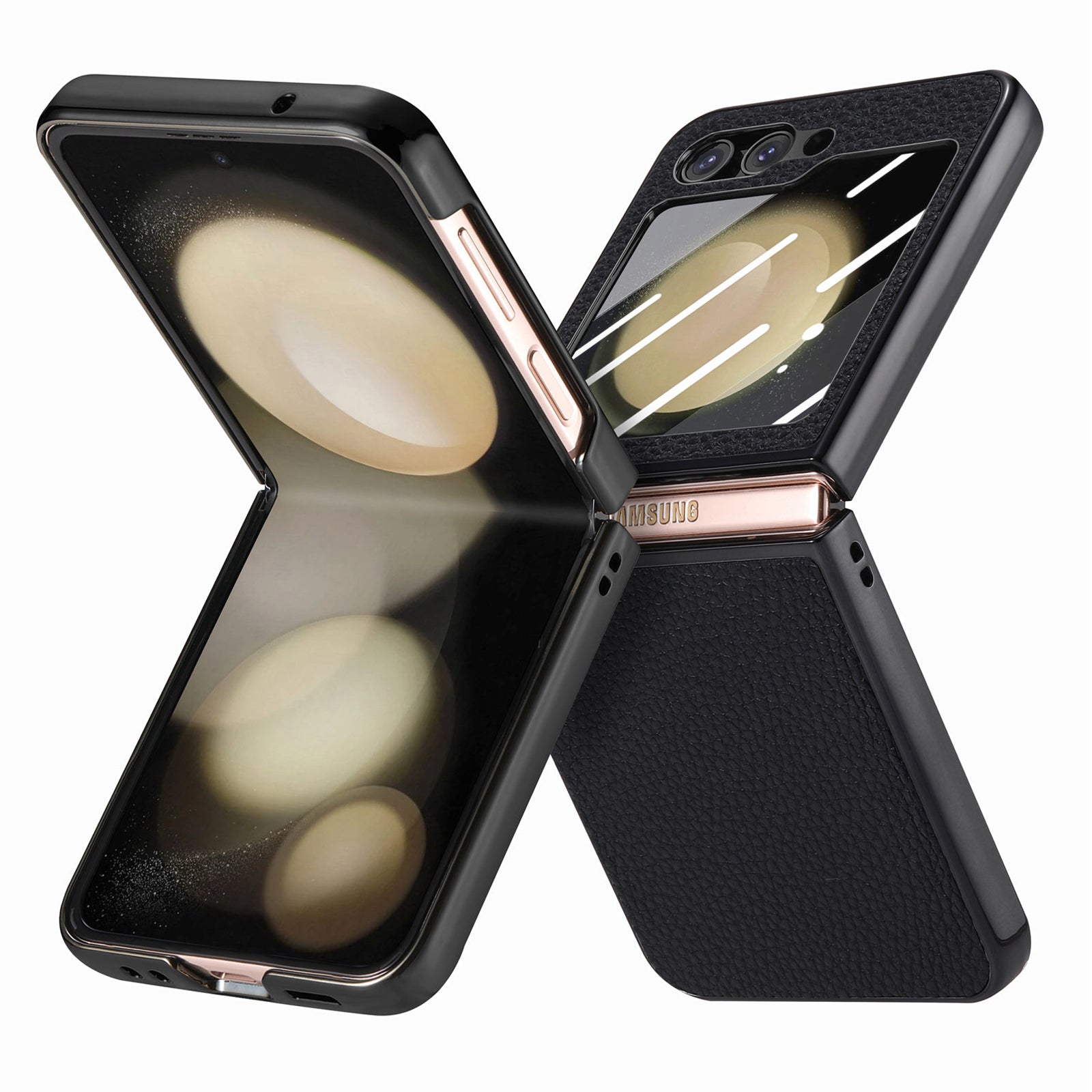 For Samsung Galaxy Z Flip5 5G Litchi Texture Phone Case Leather PC Electroplating Cover with Tempered Glass Rear Screen Film