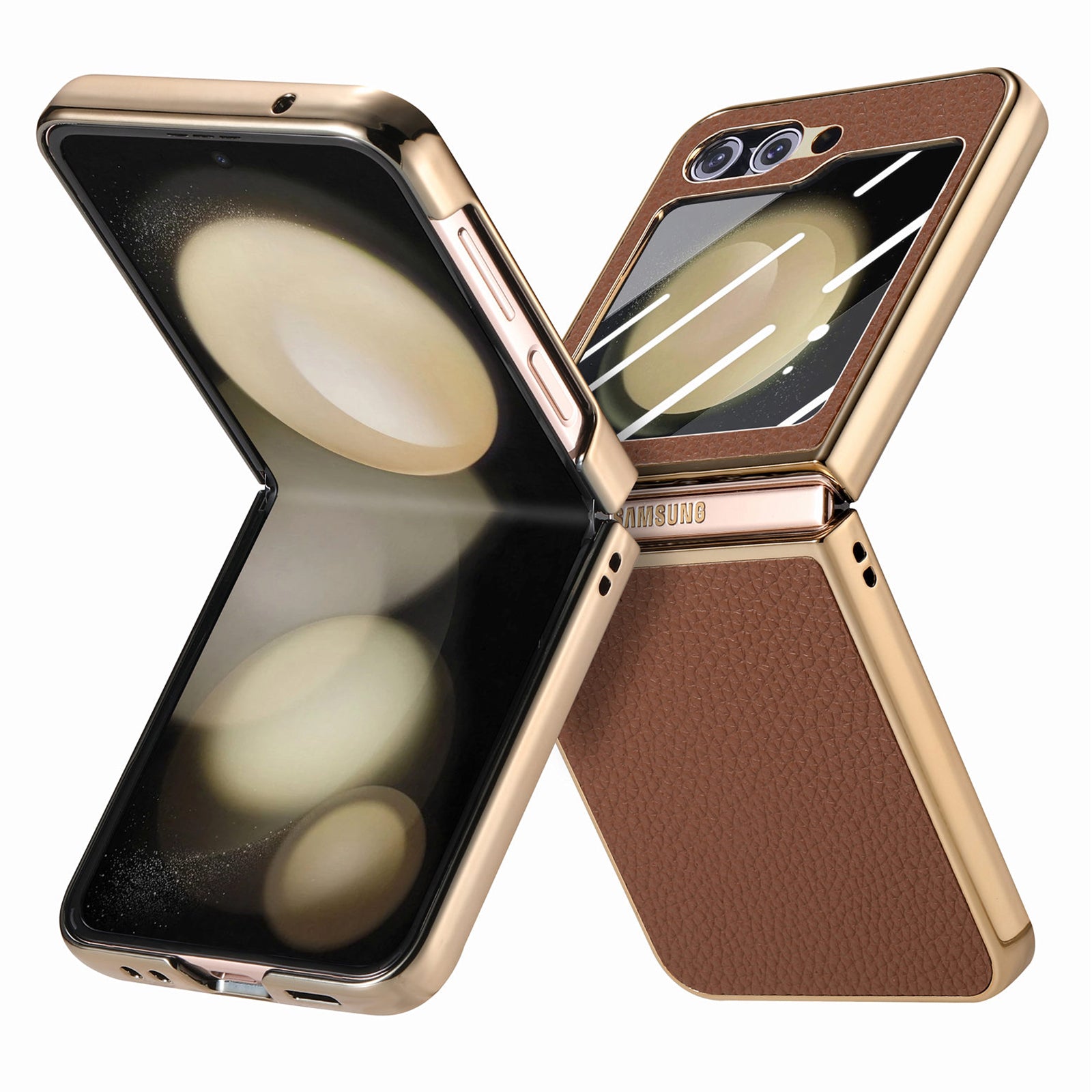 For Samsung Galaxy Z Flip5 5G Litchi Texture Phone Case Leather PC Electroplating Cover with Tempered Glass Rear Screen Film