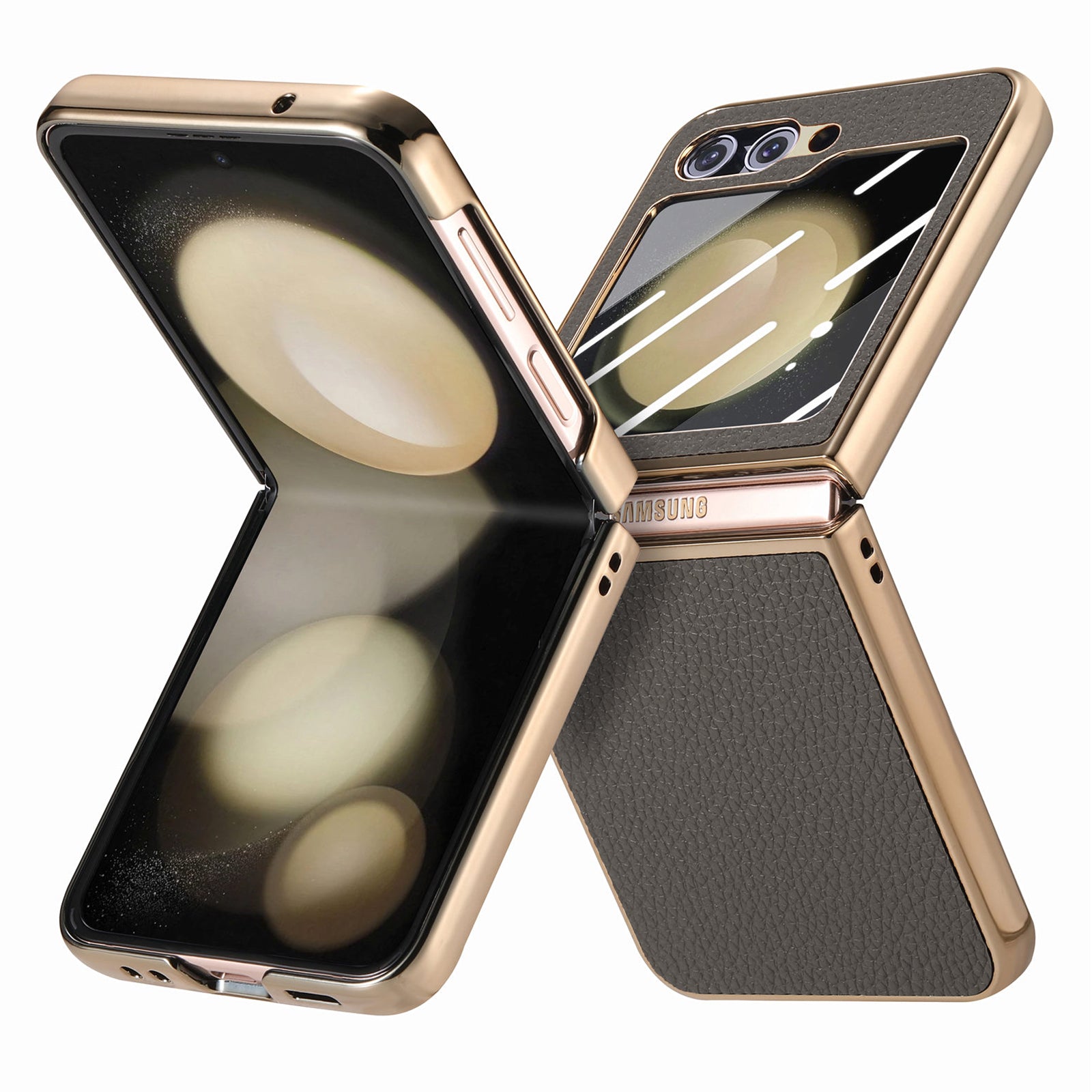 For Samsung Galaxy Z Flip5 5G Litchi Texture Phone Case Leather PC Electroplating Cover with Tempered Glass Rear Screen Film