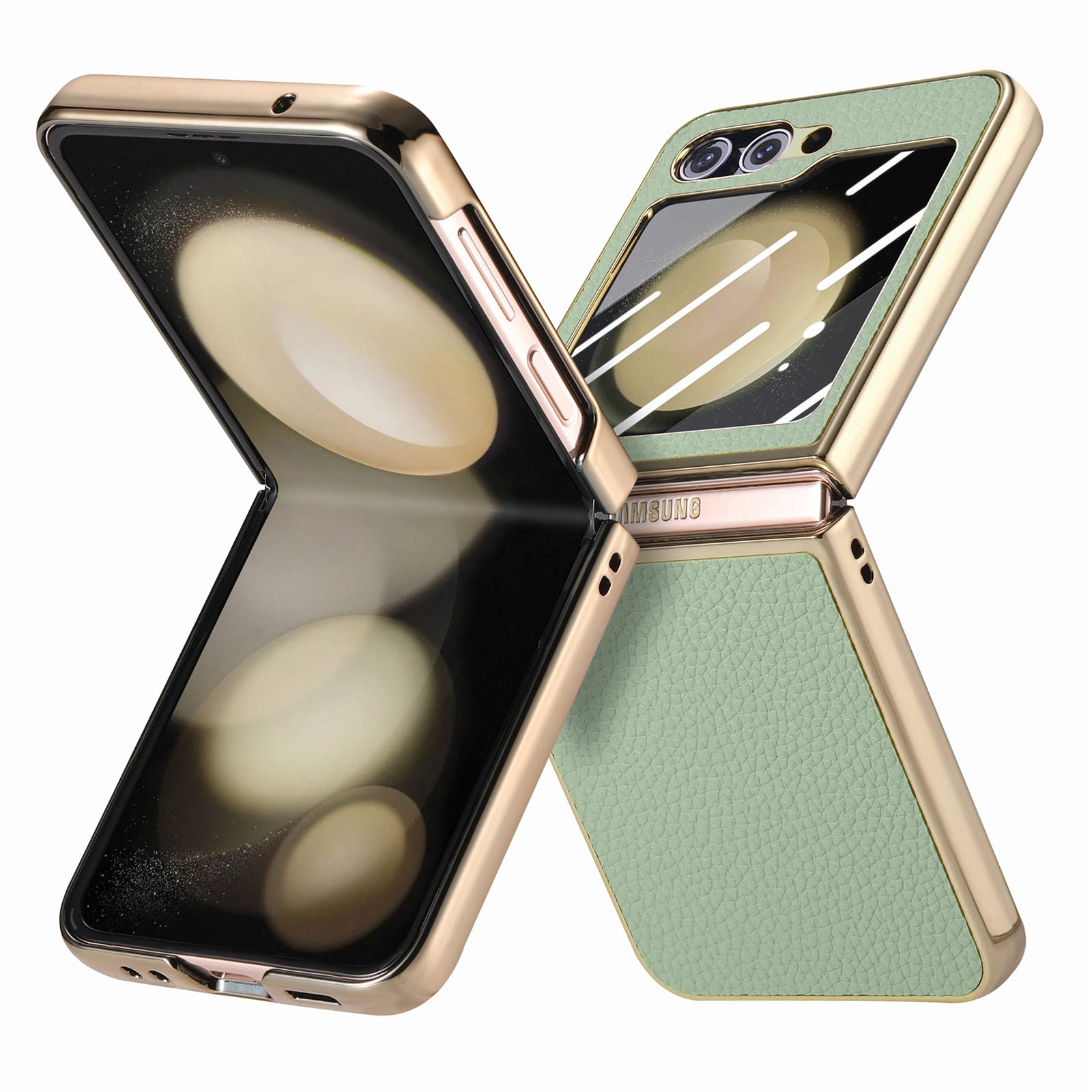 For Samsung Galaxy Z Flip5 5G Litchi Texture Phone Case Leather PC Electroplating Cover with Tempered Glass Rear Screen Film