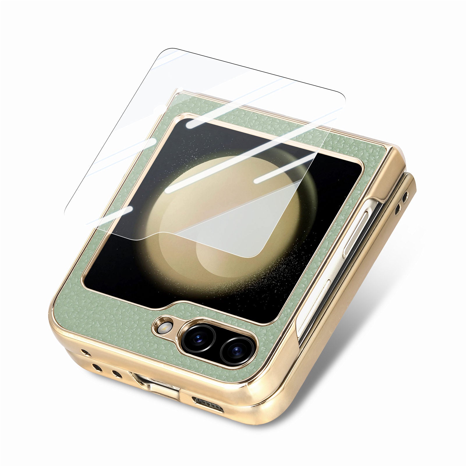 For Samsung Galaxy Z Flip5 5G Litchi Texture Phone Case Leather PC Electroplating Cover with Tempered Glass Rear Screen Film