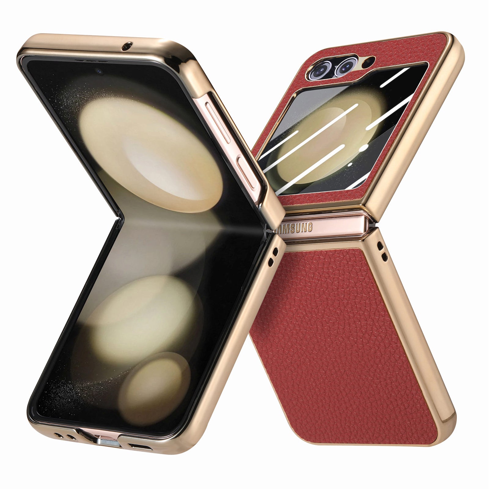 For Samsung Galaxy Z Flip5 5G Litchi Texture Phone Case Leather PC Electroplating Cover with Tempered Glass Rear Screen Film