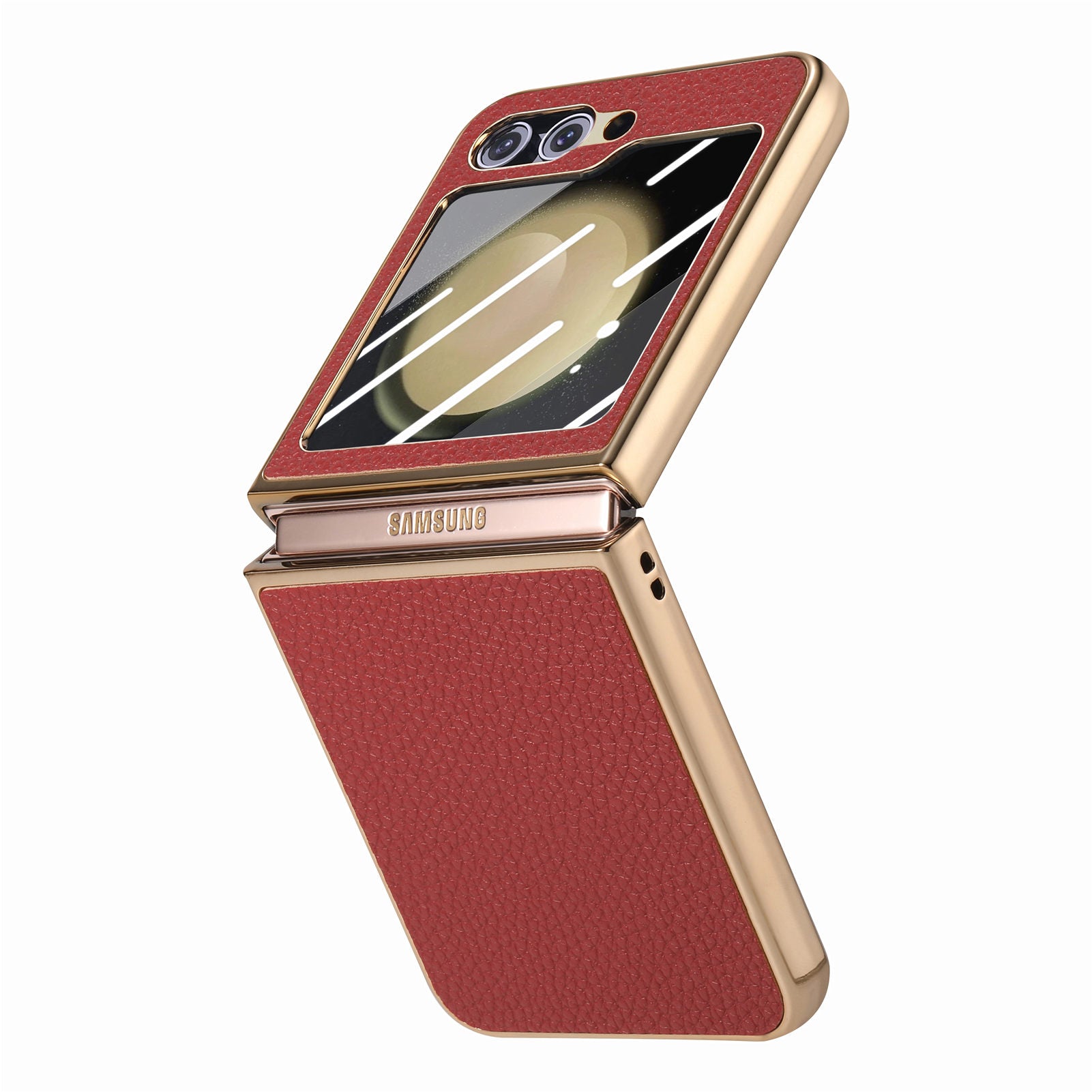 For Samsung Galaxy Z Flip5 5G Litchi Texture Phone Case Leather PC Electroplating Cover with Tempered Glass Rear Screen Film