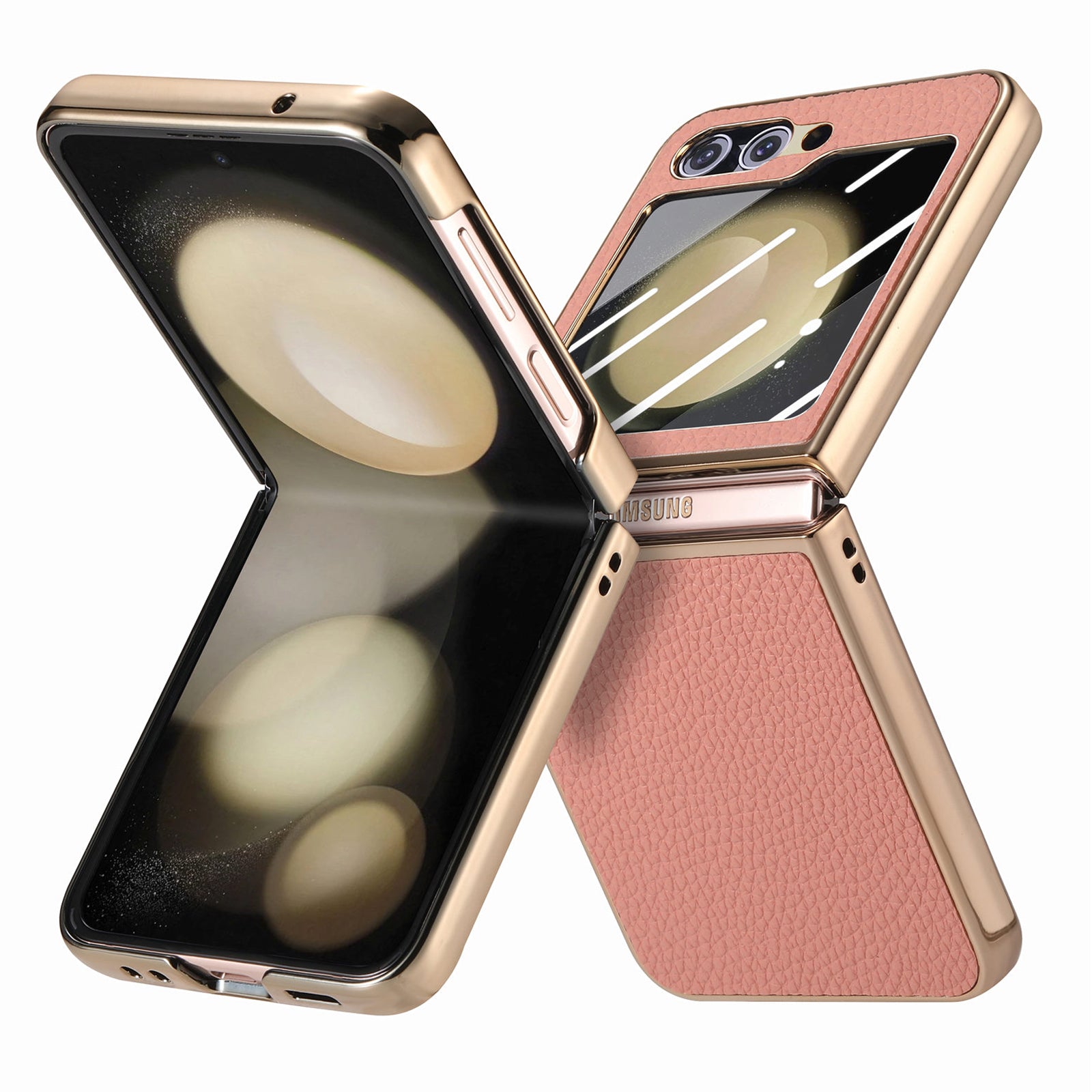 For Samsung Galaxy Z Flip5 5G Litchi Texture Phone Case Leather PC Electroplating Cover with Tempered Glass Rear Screen Film