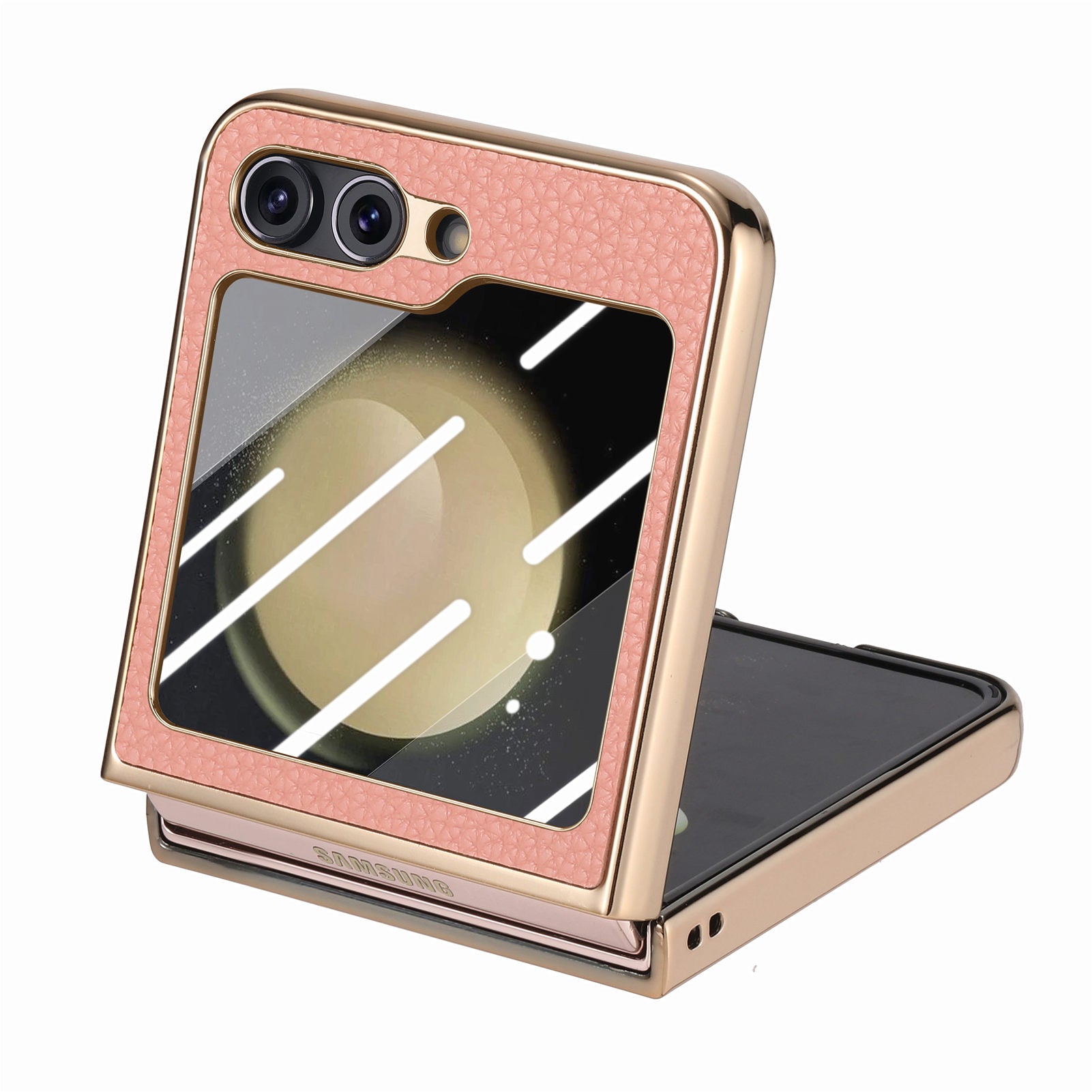 For Samsung Galaxy Z Flip5 5G Litchi Texture Phone Case Leather PC Electroplating Cover with Tempered Glass Rear Screen Film