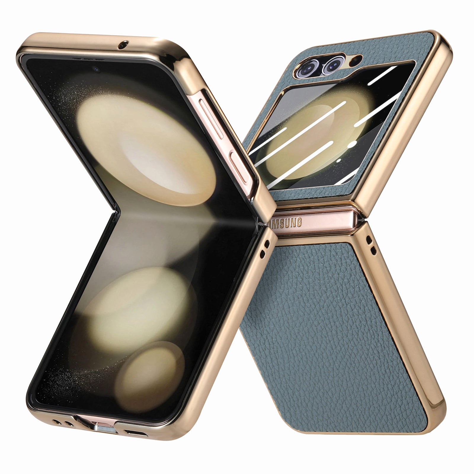 For Samsung Galaxy Z Flip5 5G Litchi Texture Phone Case Leather PC Electroplating Cover with Tempered Glass Rear Screen Film