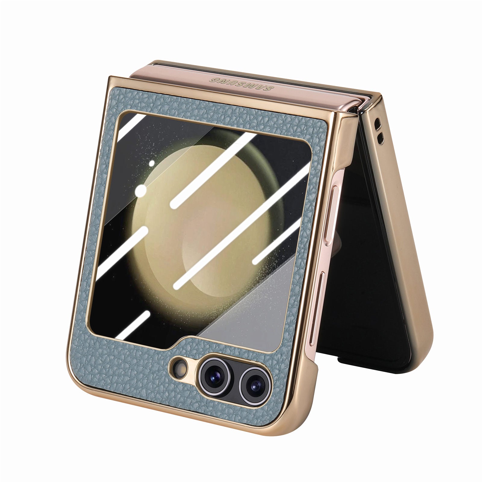 For Samsung Galaxy Z Flip5 5G Litchi Texture Phone Case Leather PC Electroplating Cover with Tempered Glass Rear Screen Film
