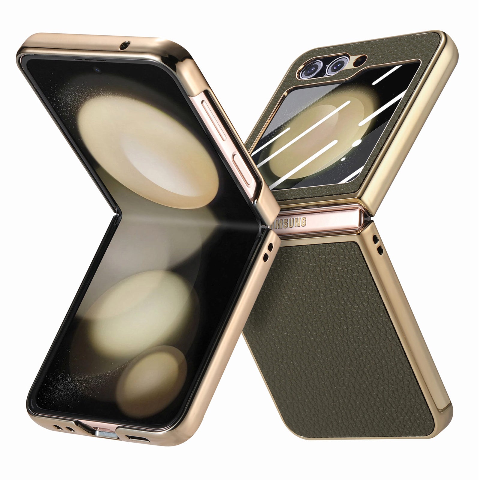 For Samsung Galaxy Z Flip5 5G Litchi Texture Phone Case Leather PC Electroplating Cover with Tempered Glass Rear Screen Film