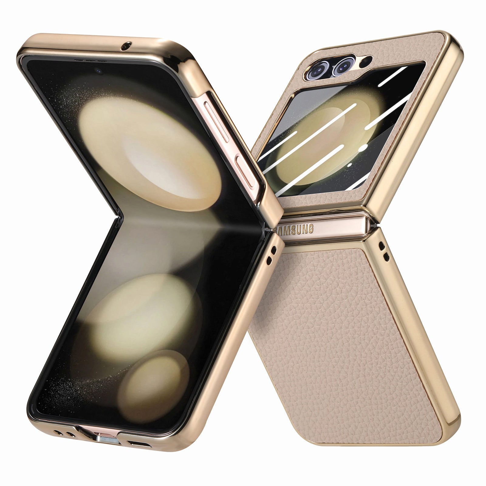 For Samsung Galaxy Z Flip5 5G Litchi Texture Phone Case Leather PC Electroplating Cover with Tempered Glass Rear Screen Film