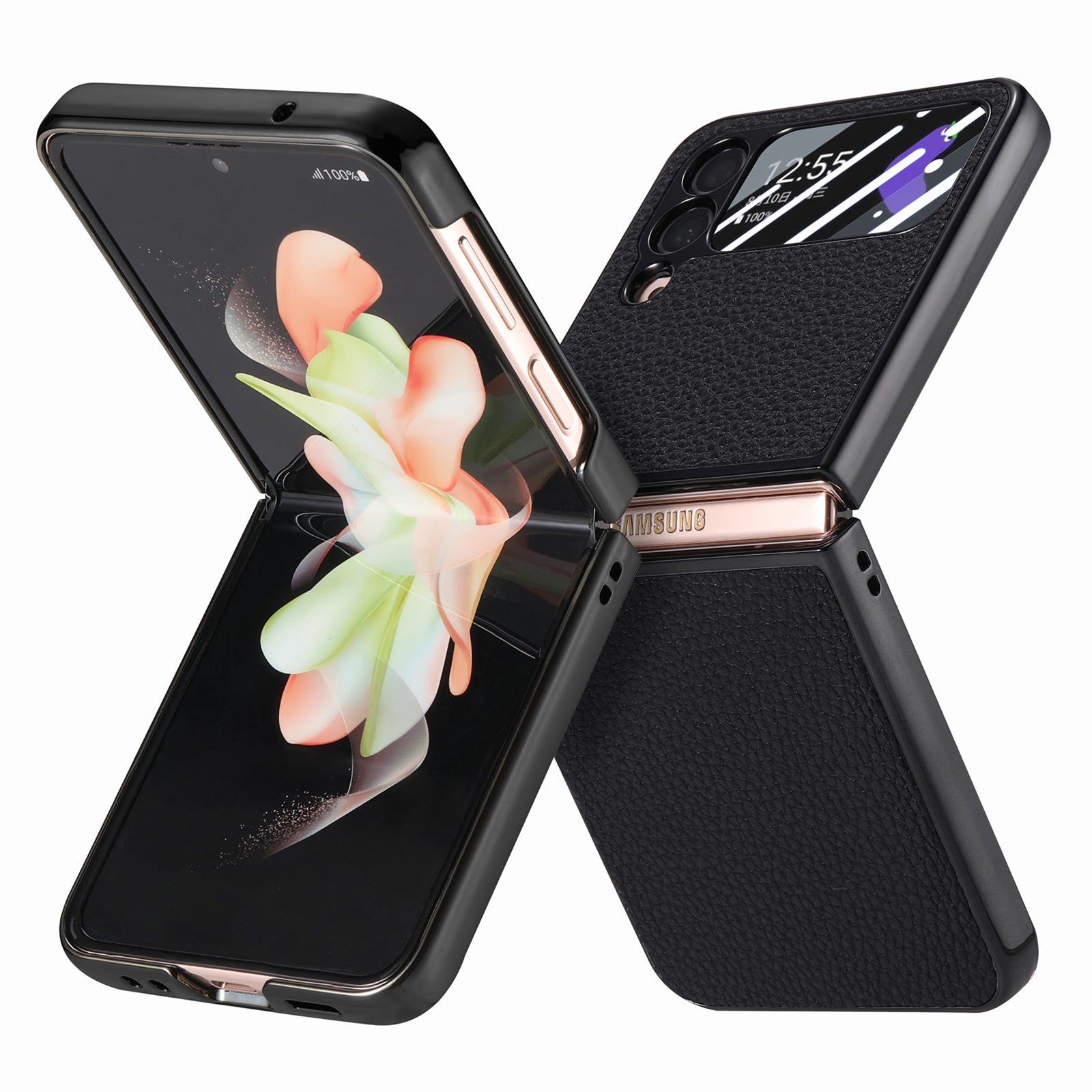 For Samsung Galaxy Z Flip4 5G Electroplating Phone Case Litchi Texture Leather PC Cover with Tempered Glass Rear Screen Film