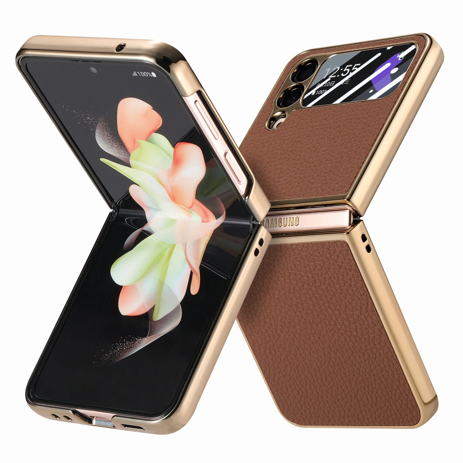 For Samsung Galaxy Z Flip4 5G Electroplating Phone Case Litchi Texture Leather PC Cover with Tempered Glass Rear Screen Film