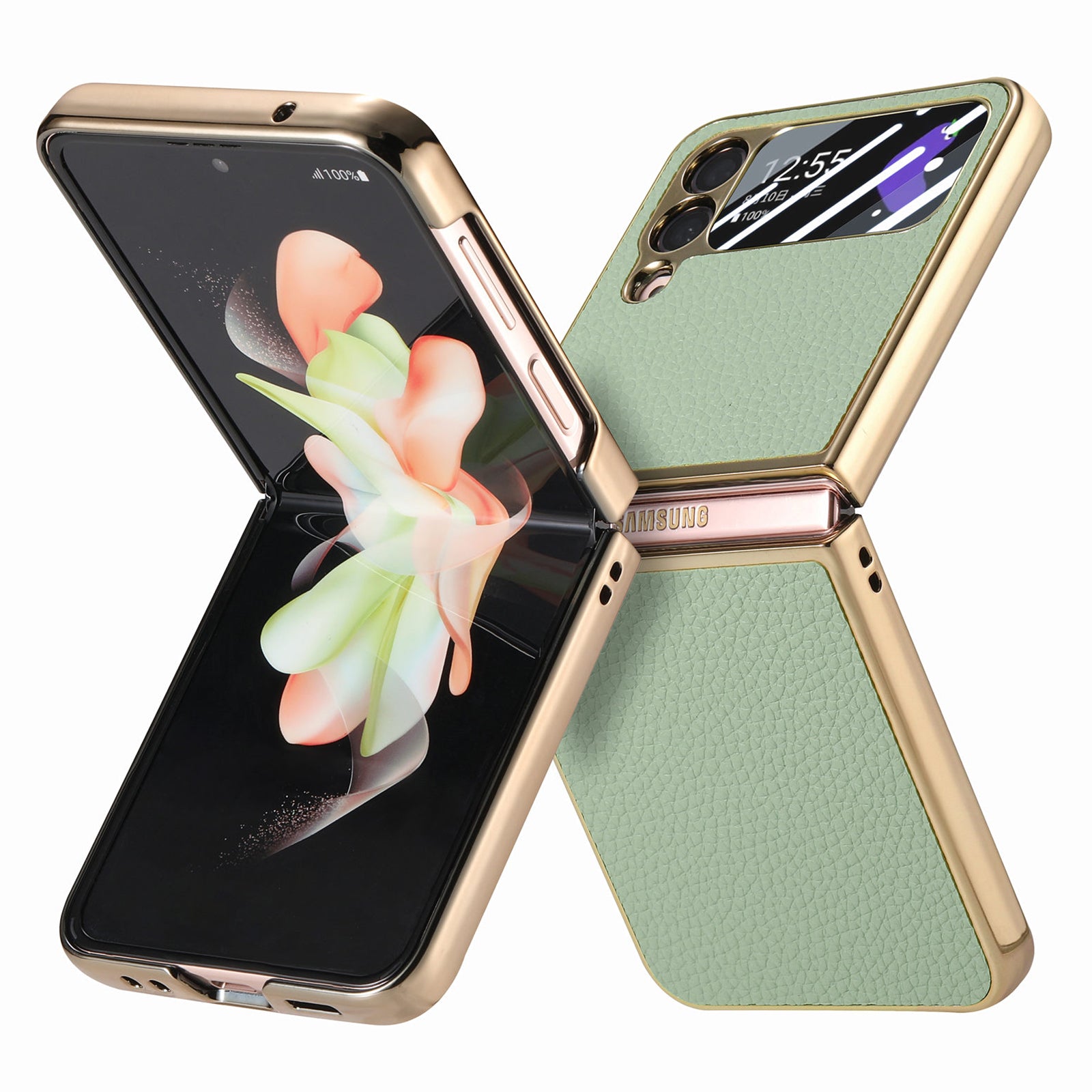 For Samsung Galaxy Z Flip4 5G Electroplating Phone Case Litchi Texture Leather PC Cover with Tempered Glass Rear Screen Film