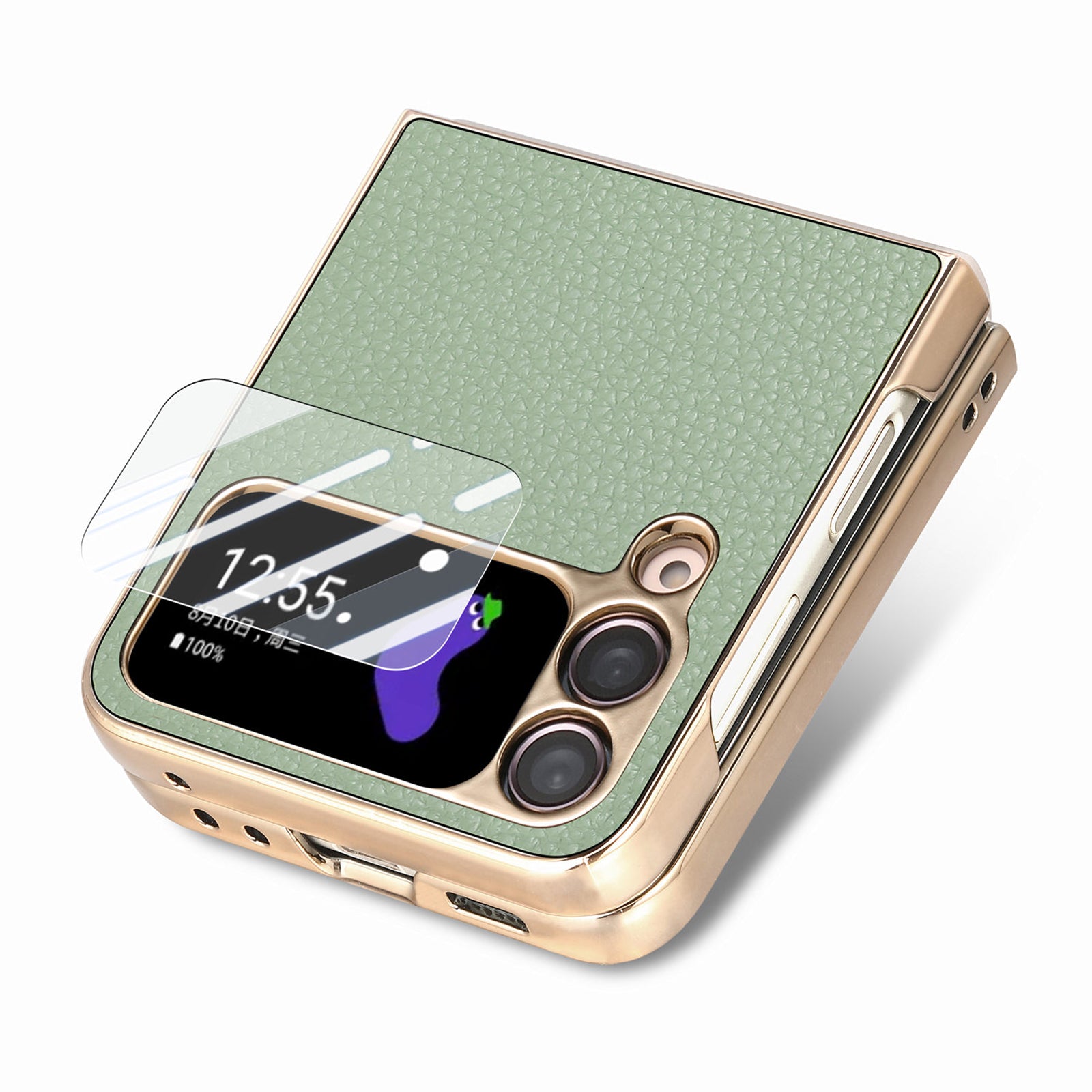 For Samsung Galaxy Z Flip4 5G Electroplating Phone Case Litchi Texture Leather PC Cover with Tempered Glass Rear Screen Film