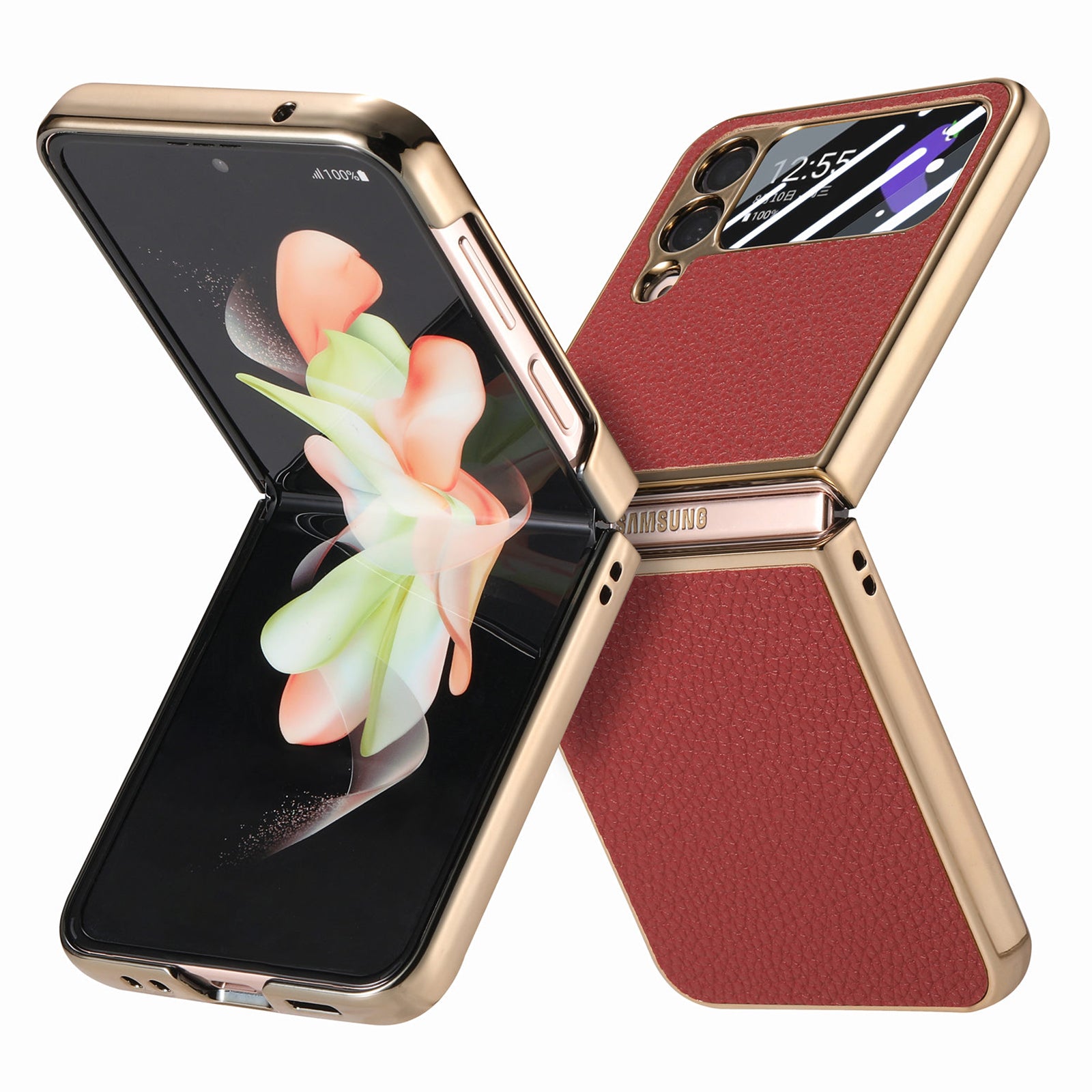 For Samsung Galaxy Z Flip4 5G Electroplating Phone Case Litchi Texture Leather PC Cover with Tempered Glass Rear Screen Film