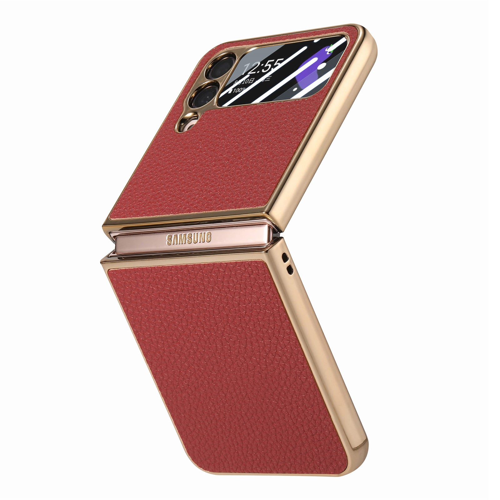 For Samsung Galaxy Z Flip4 5G Electroplating Phone Case Litchi Texture Leather PC Cover with Tempered Glass Rear Screen Film
