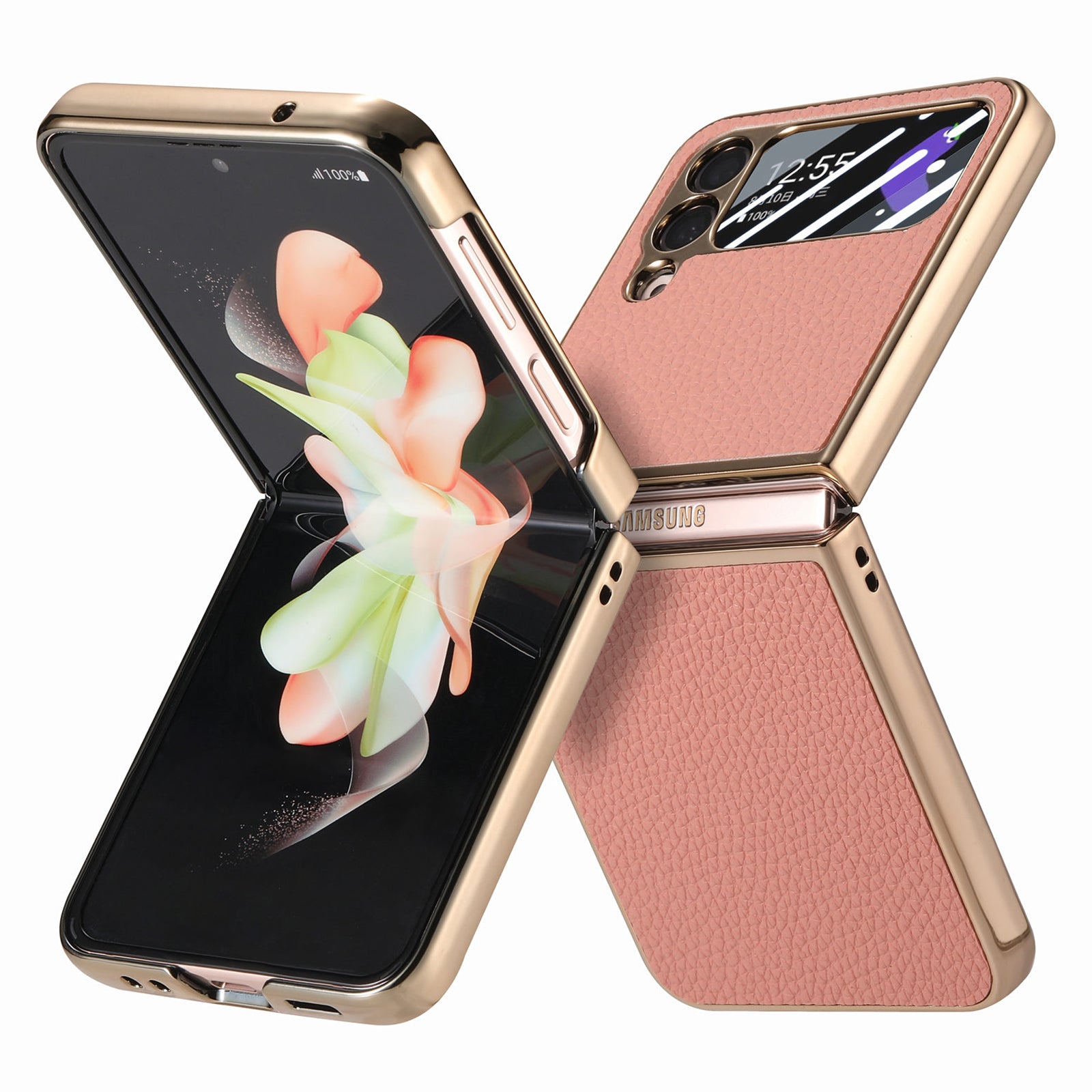 For Samsung Galaxy Z Flip4 5G Electroplating Phone Case Litchi Texture Leather PC Cover with Tempered Glass Rear Screen Film