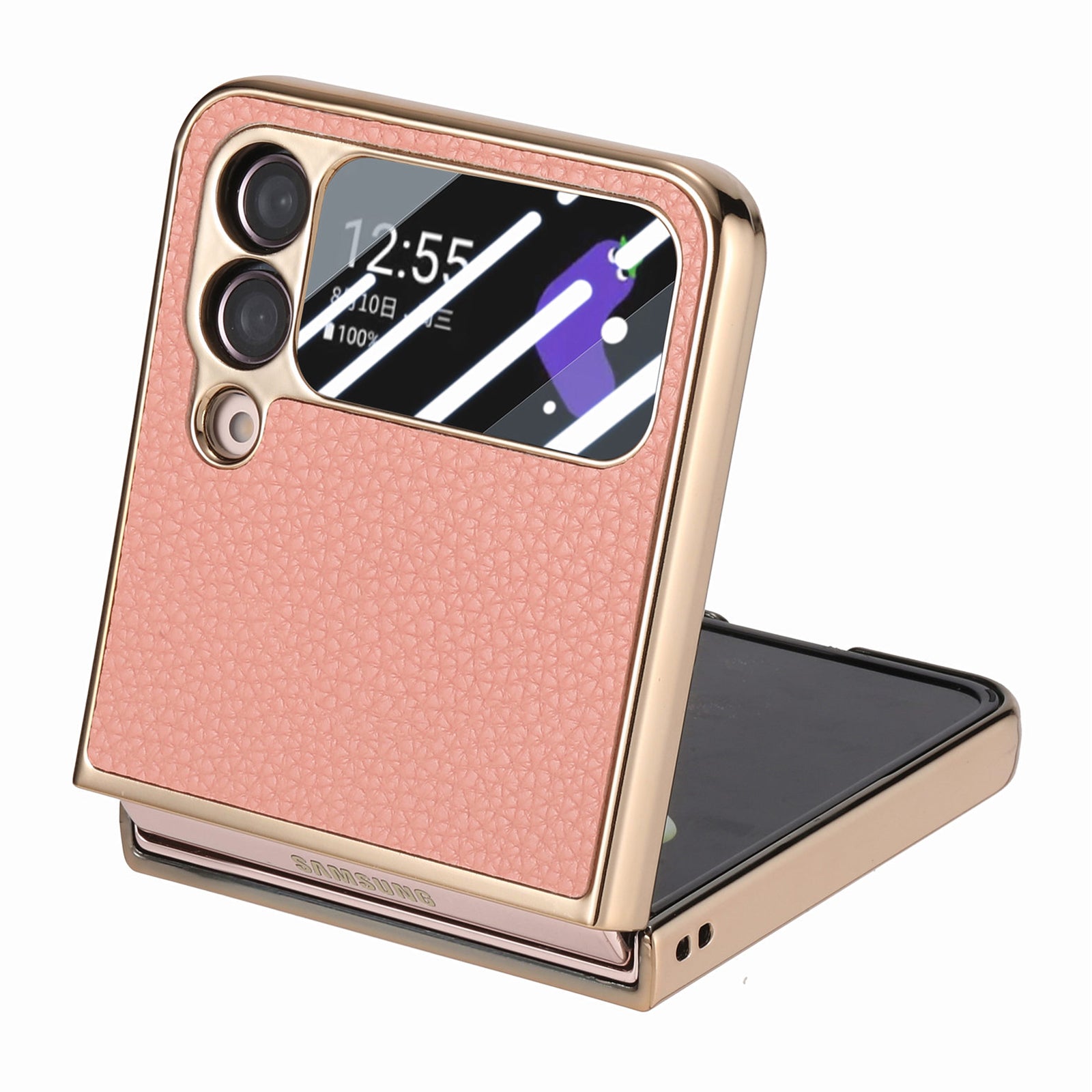 For Samsung Galaxy Z Flip4 5G Electroplating Phone Case Litchi Texture Leather PC Cover with Tempered Glass Rear Screen Film