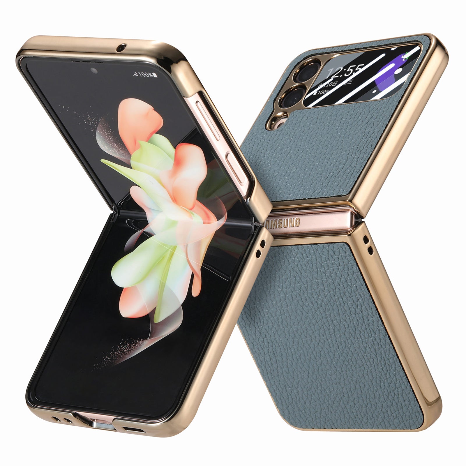 For Samsung Galaxy Z Flip4 5G Electroplating Phone Case Litchi Texture Leather PC Cover with Tempered Glass Rear Screen Film