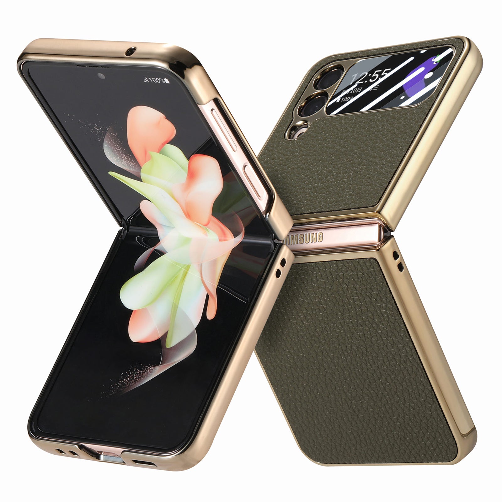 For Samsung Galaxy Z Flip4 5G Electroplating Phone Case Litchi Texture Leather PC Cover with Tempered Glass Rear Screen Film