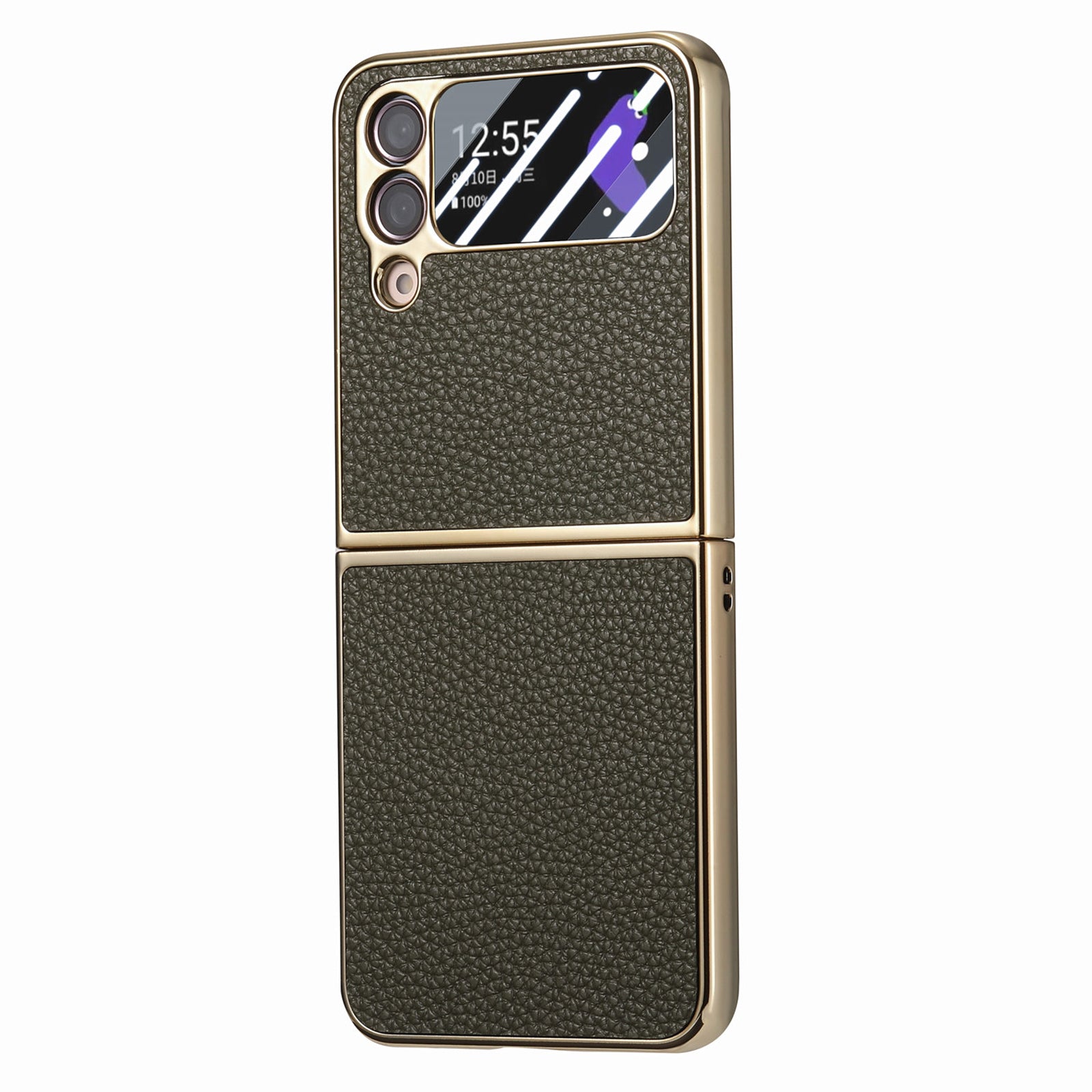 For Samsung Galaxy Z Flip4 5G Electroplating Phone Case Litchi Texture Leather PC Cover with Tempered Glass Rear Screen Film
