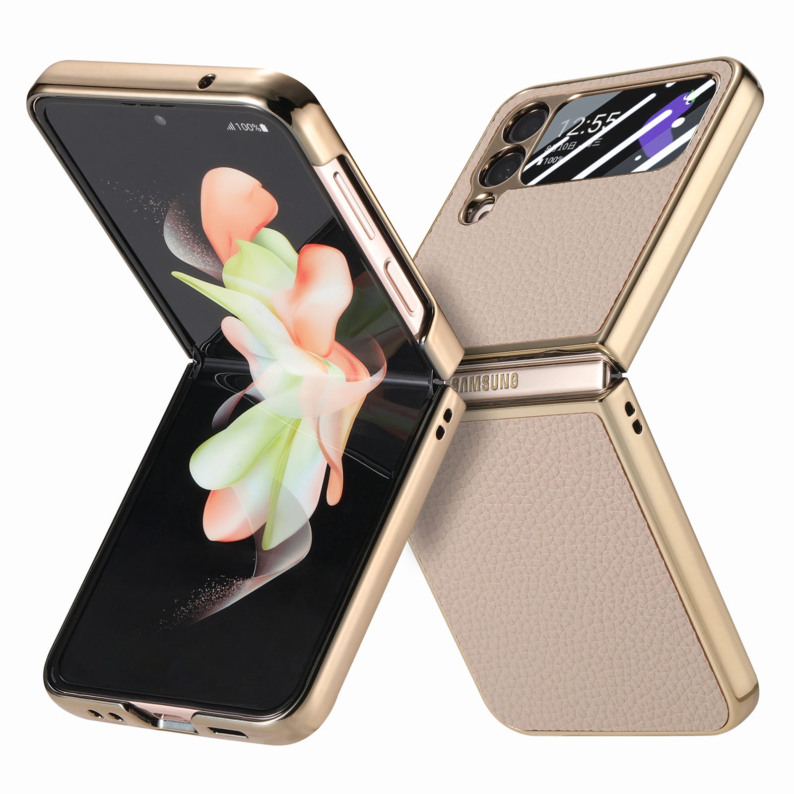 For Samsung Galaxy Z Flip4 5G Electroplating Phone Case Litchi Texture Leather PC Cover with Tempered Glass Rear Screen Film