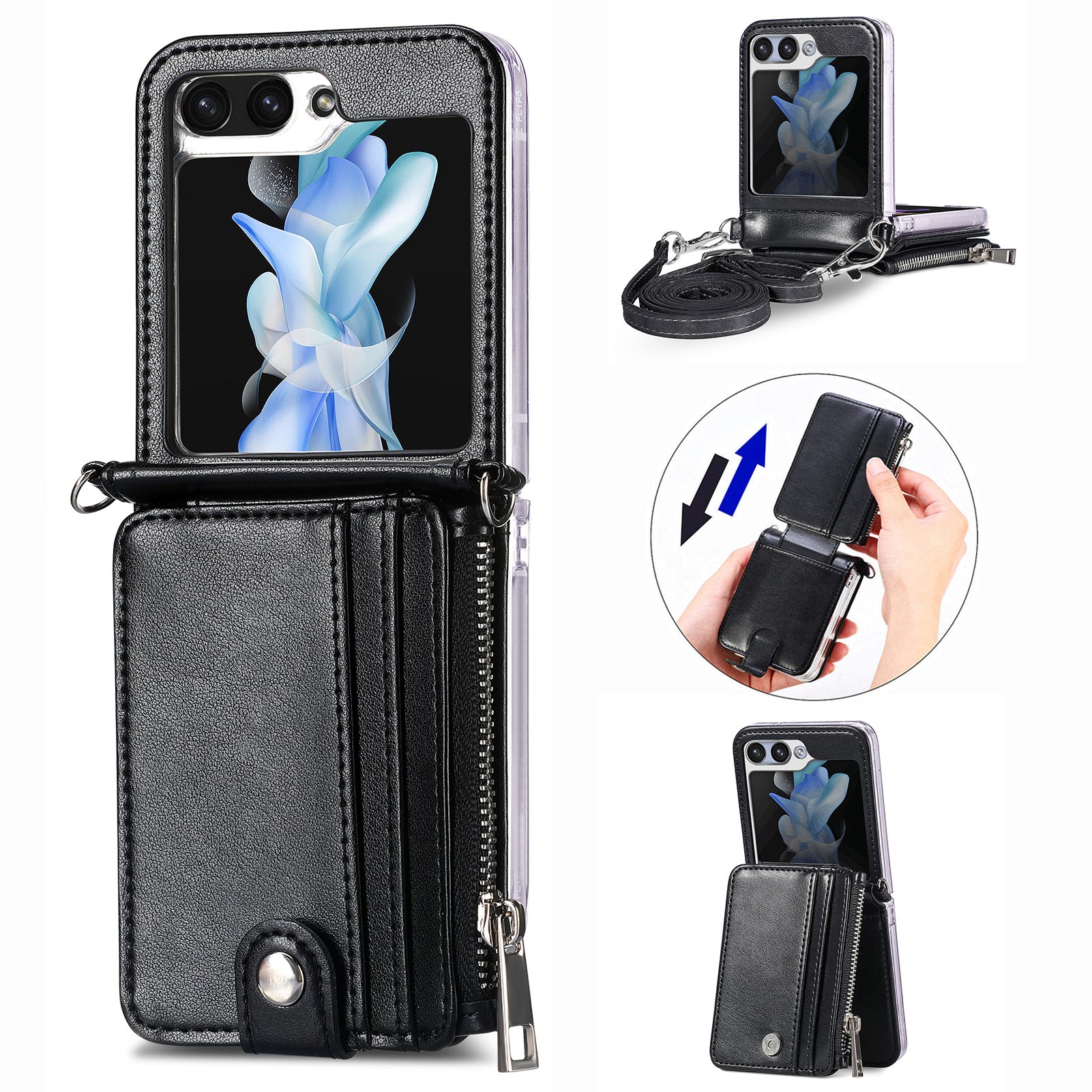 For Samsung Galaxy Z Flip5 5G Zipper Pocket Phone Case Kickstand Card Slots Leather PC Cover with Shoulder Strap