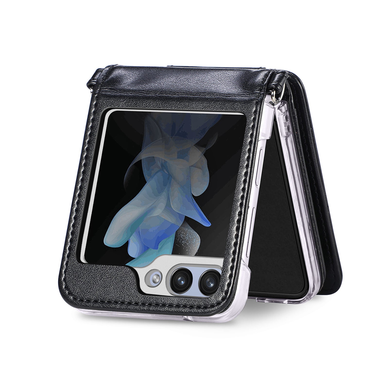 For Samsung Galaxy Z Flip5 5G Zipper Pocket Phone Case Kickstand Card Slots Leather PC Cover with Shoulder Strap