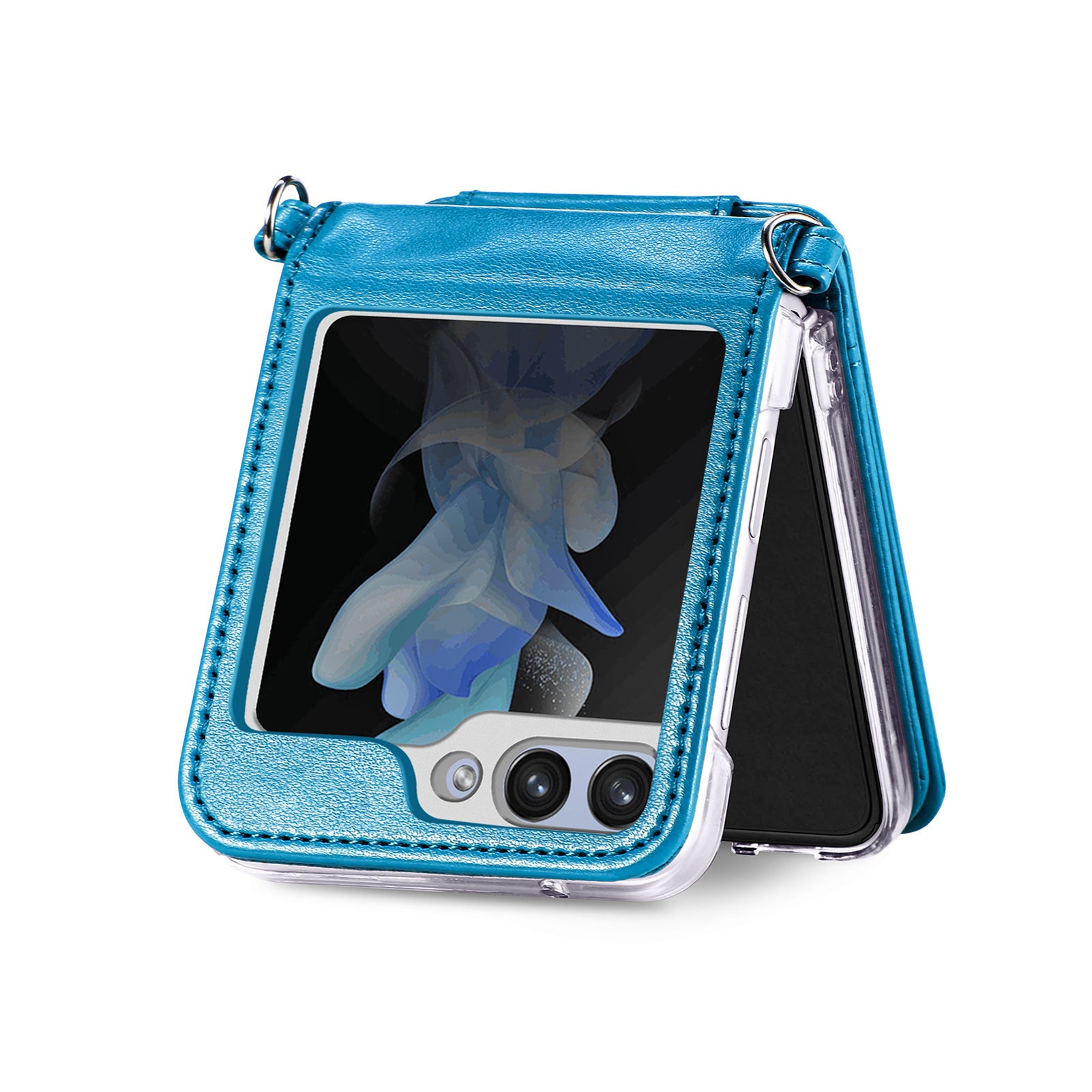 For Samsung Galaxy Z Flip5 5G Zipper Pocket Phone Case Kickstand Card Slots Leather PC Cover with Shoulder Strap