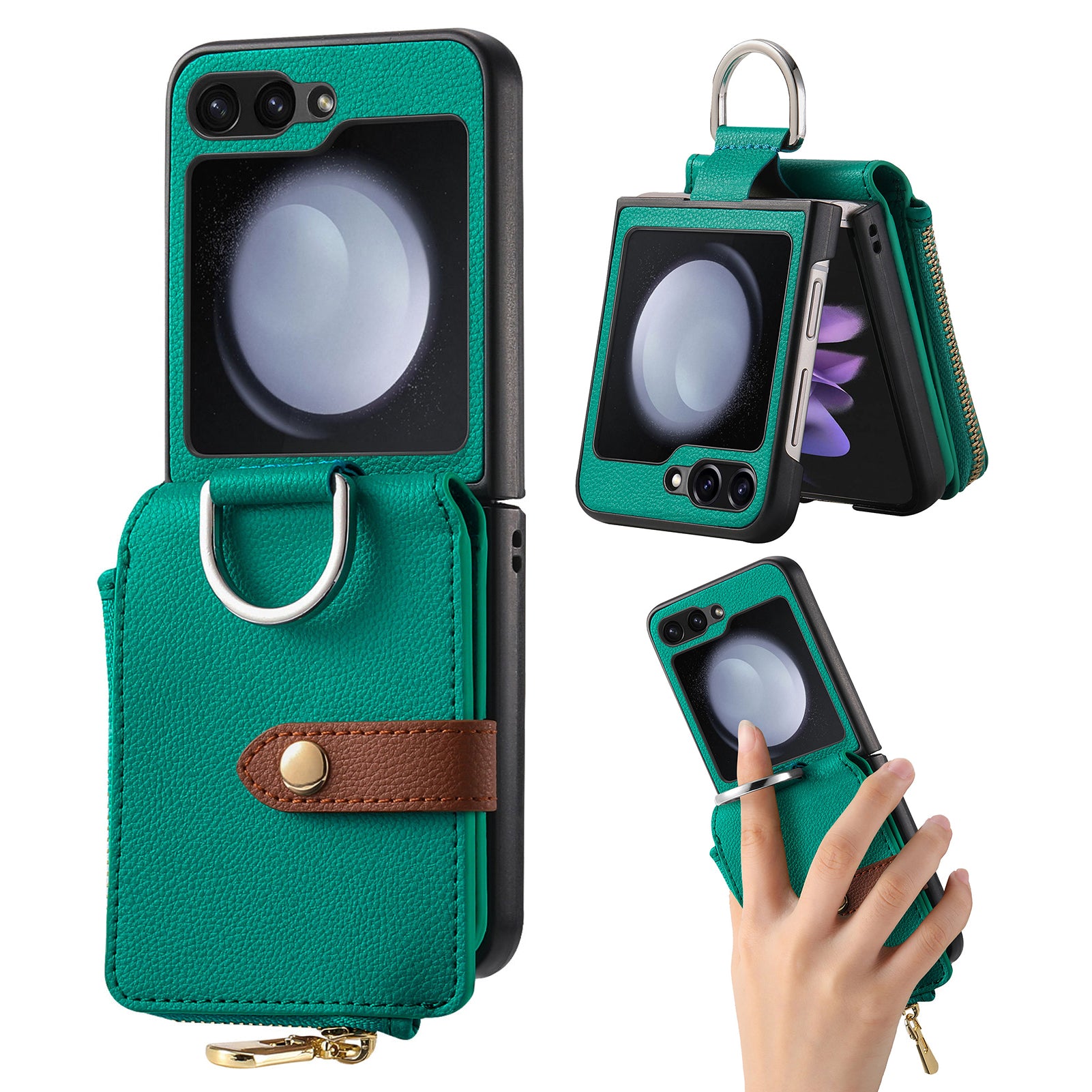 For Samsung Galaxy Z Flip5 5G Folding Phone Case Finger Ring Zipper Pocket Litchi Texture Leather PC Phone Cover
