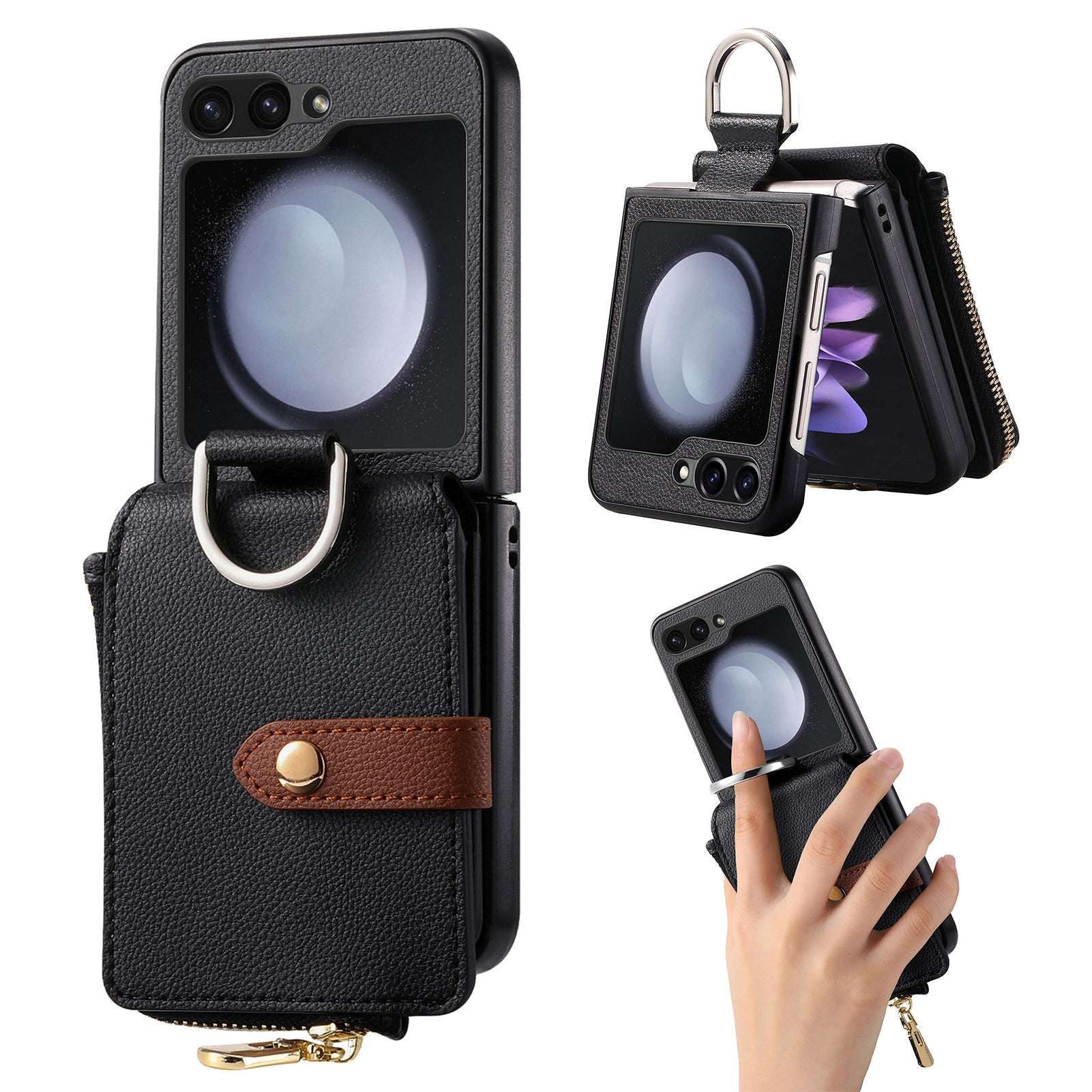 For Samsung Galaxy Z Flip5 5G Folding Phone Case Finger Ring Zipper Pocket Litchi Texture Leather PC Phone Cover