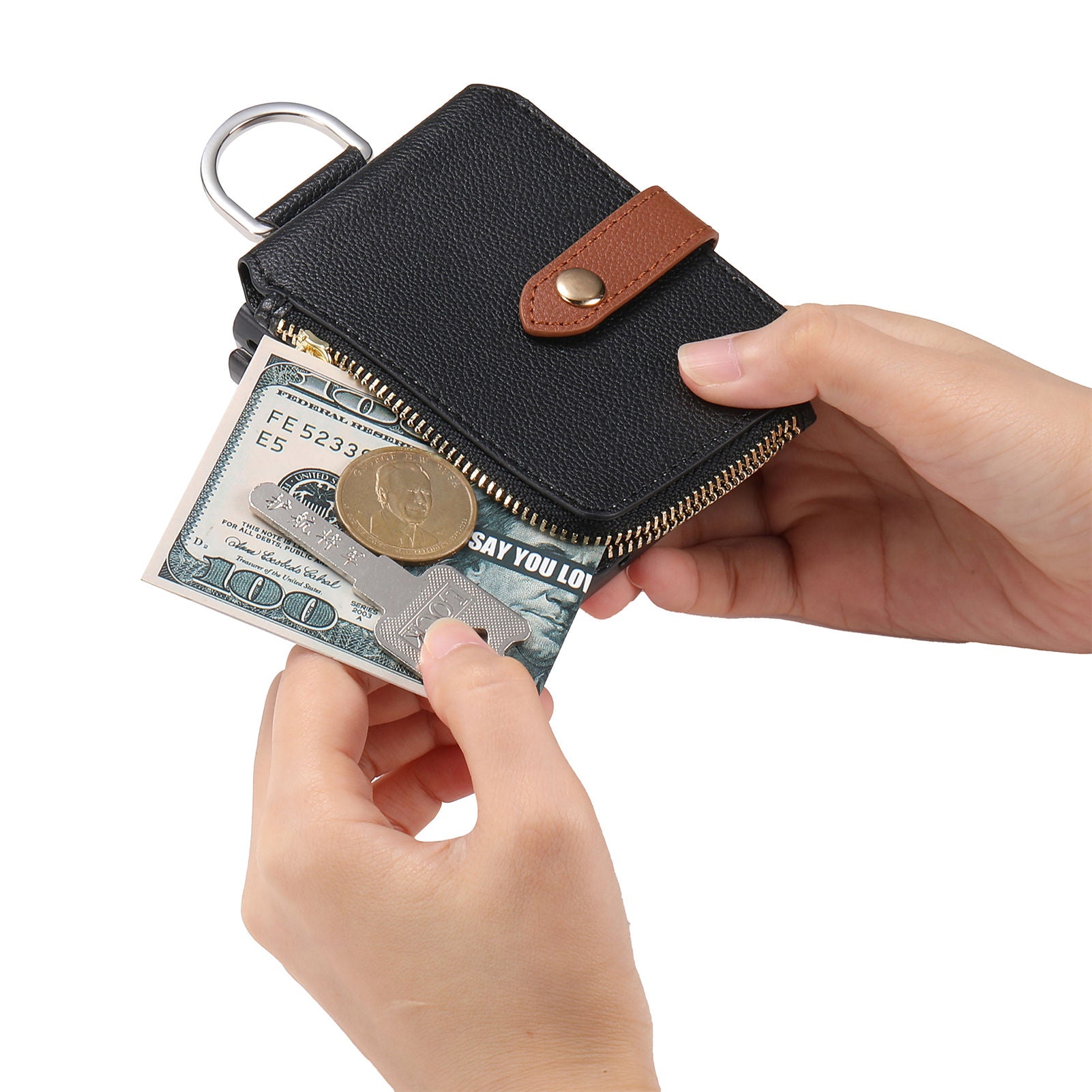 For Samsung Galaxy Z Flip5 5G Folding Phone Case Finger Ring Zipper Pocket Litchi Texture Leather PC Phone Cover