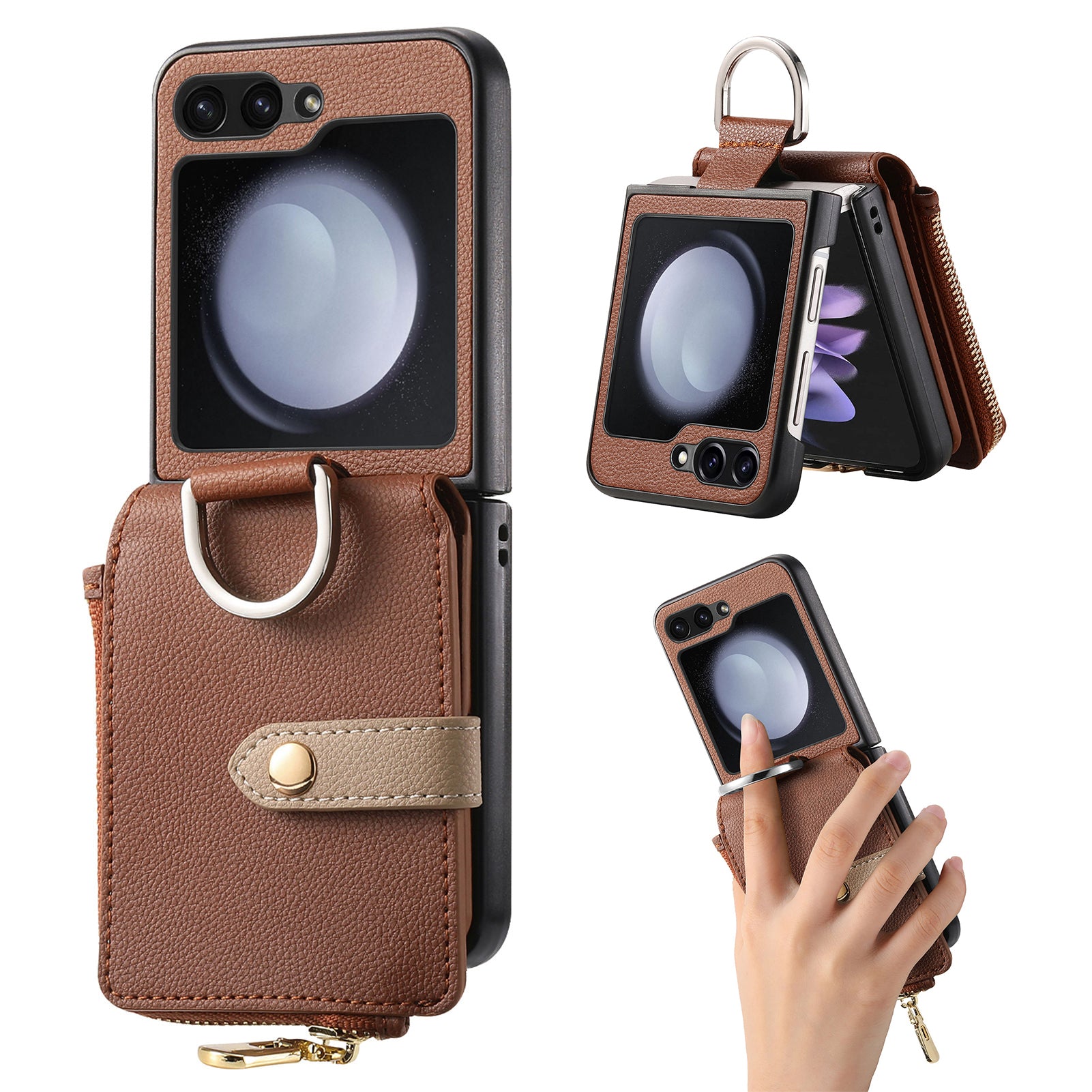 For Samsung Galaxy Z Flip5 5G Folding Phone Case Finger Ring Zipper Pocket Litchi Texture Leather PC Phone Cover