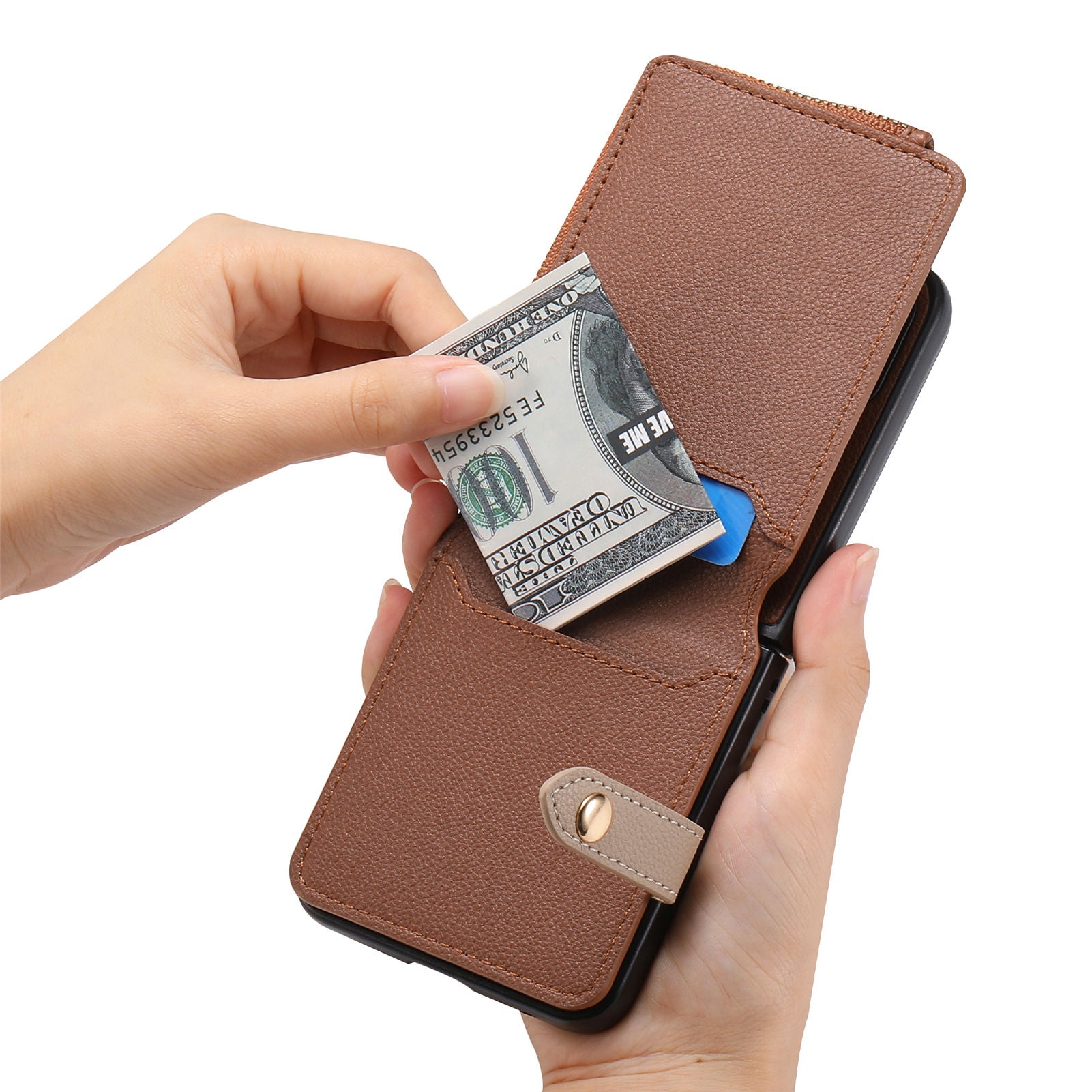 For Samsung Galaxy Z Flip5 5G Folding Phone Case Finger Ring Zipper Pocket Litchi Texture Leather PC Phone Cover