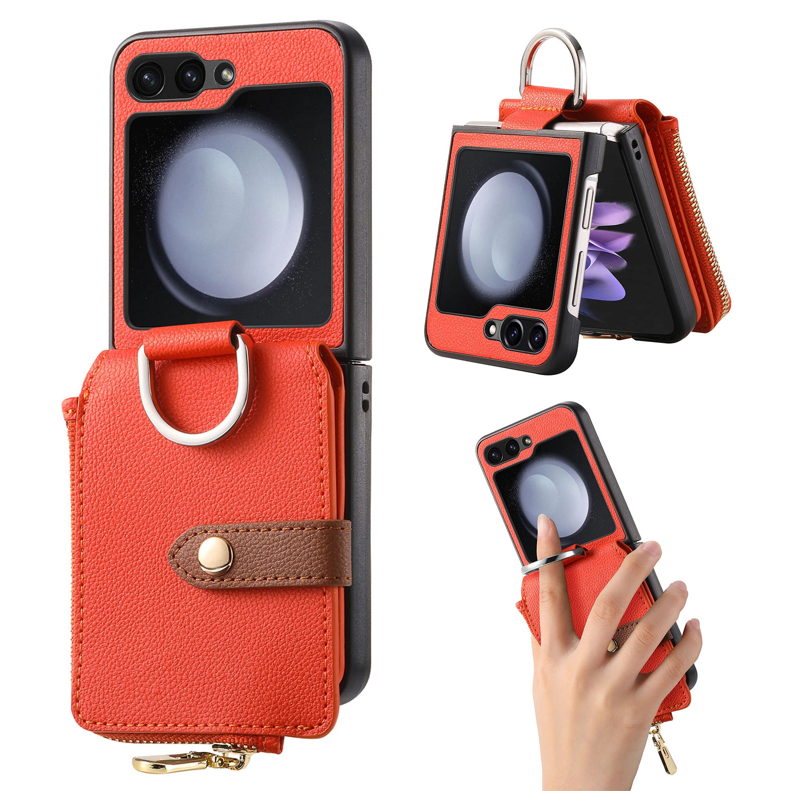 For Samsung Galaxy Z Flip5 5G Folding Phone Case Finger Ring Zipper Pocket Litchi Texture Leather PC Phone Cover