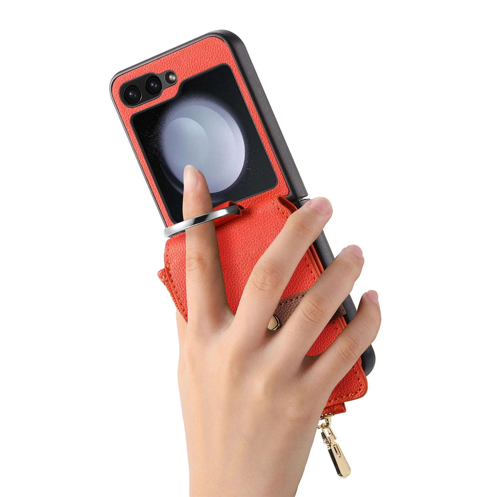 For Samsung Galaxy Z Flip5 5G Folding Phone Case Finger Ring Zipper Pocket Litchi Texture Leather PC Phone Cover