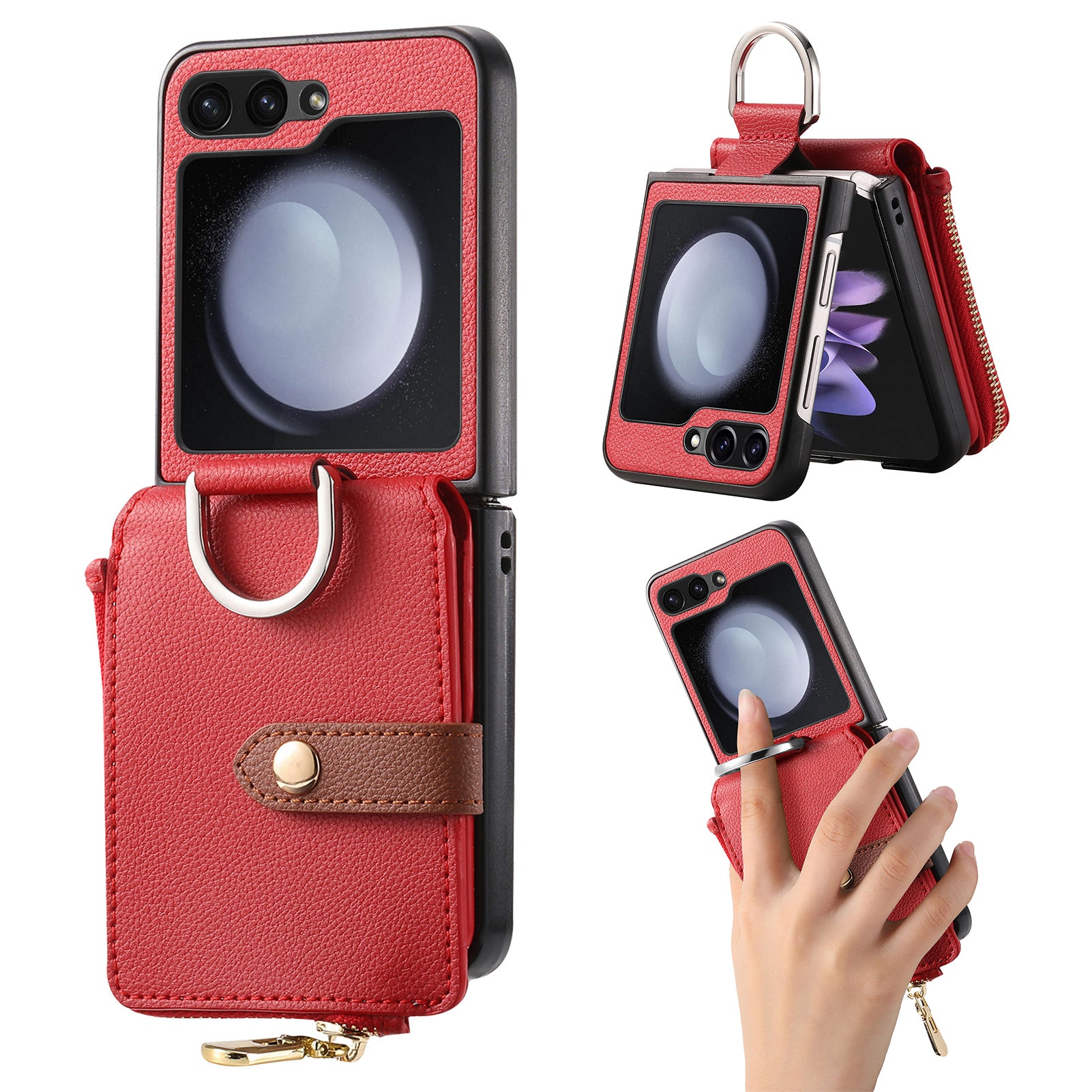 For Samsung Galaxy Z Flip5 5G Folding Phone Case Finger Ring Zipper Pocket Litchi Texture Leather PC Phone Cover