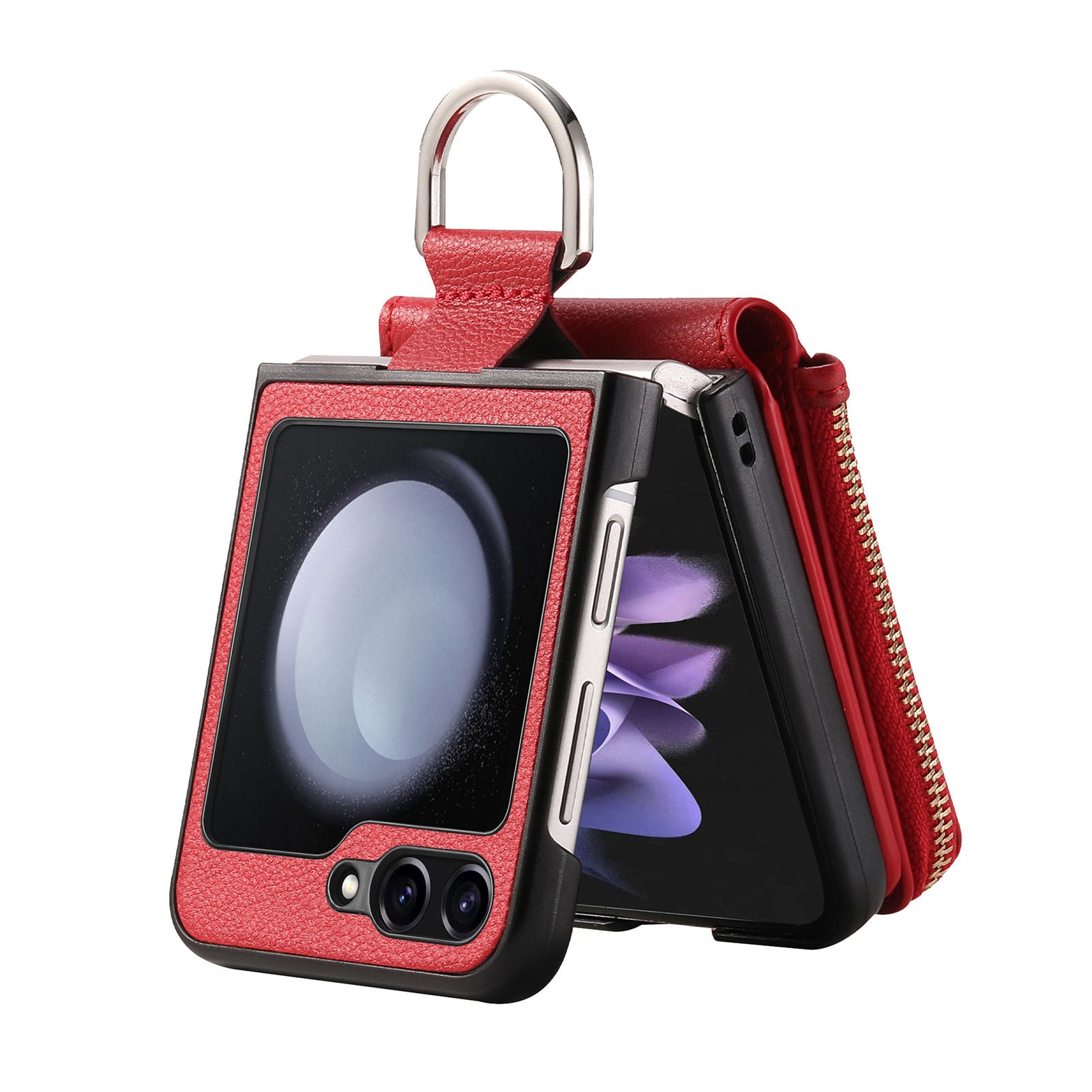 For Samsung Galaxy Z Flip5 5G Folding Phone Case Finger Ring Zipper Pocket Litchi Texture Leather PC Phone Cover