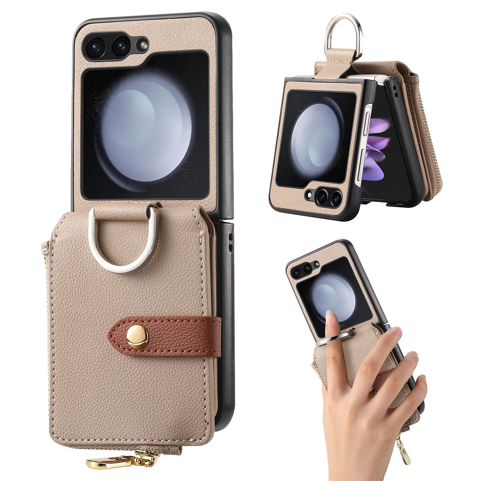 For Samsung Galaxy Z Flip5 5G Folding Phone Case Finger Ring Zipper Pocket Litchi Texture Leather PC Phone Cover
