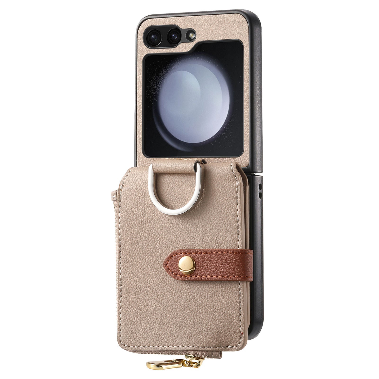For Samsung Galaxy Z Flip5 5G Folding Phone Case Finger Ring Zipper Pocket Litchi Texture Leather PC Phone Cover