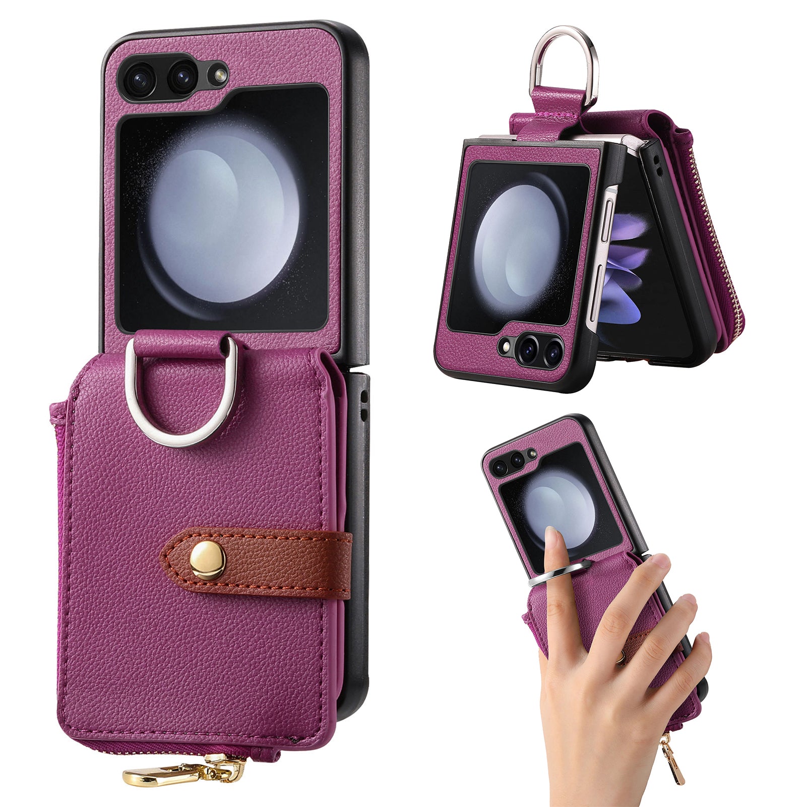 For Samsung Galaxy Z Flip5 5G Folding Phone Case Finger Ring Zipper Pocket Litchi Texture Leather PC Phone Cover