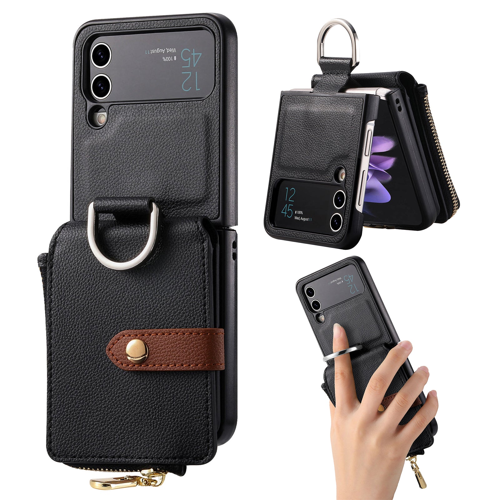 For Samsung Galaxy Z Flip4 5G Zipper Pocket Phone Case Finger Ring Card Holder Litchi Texture Leather PC Cover