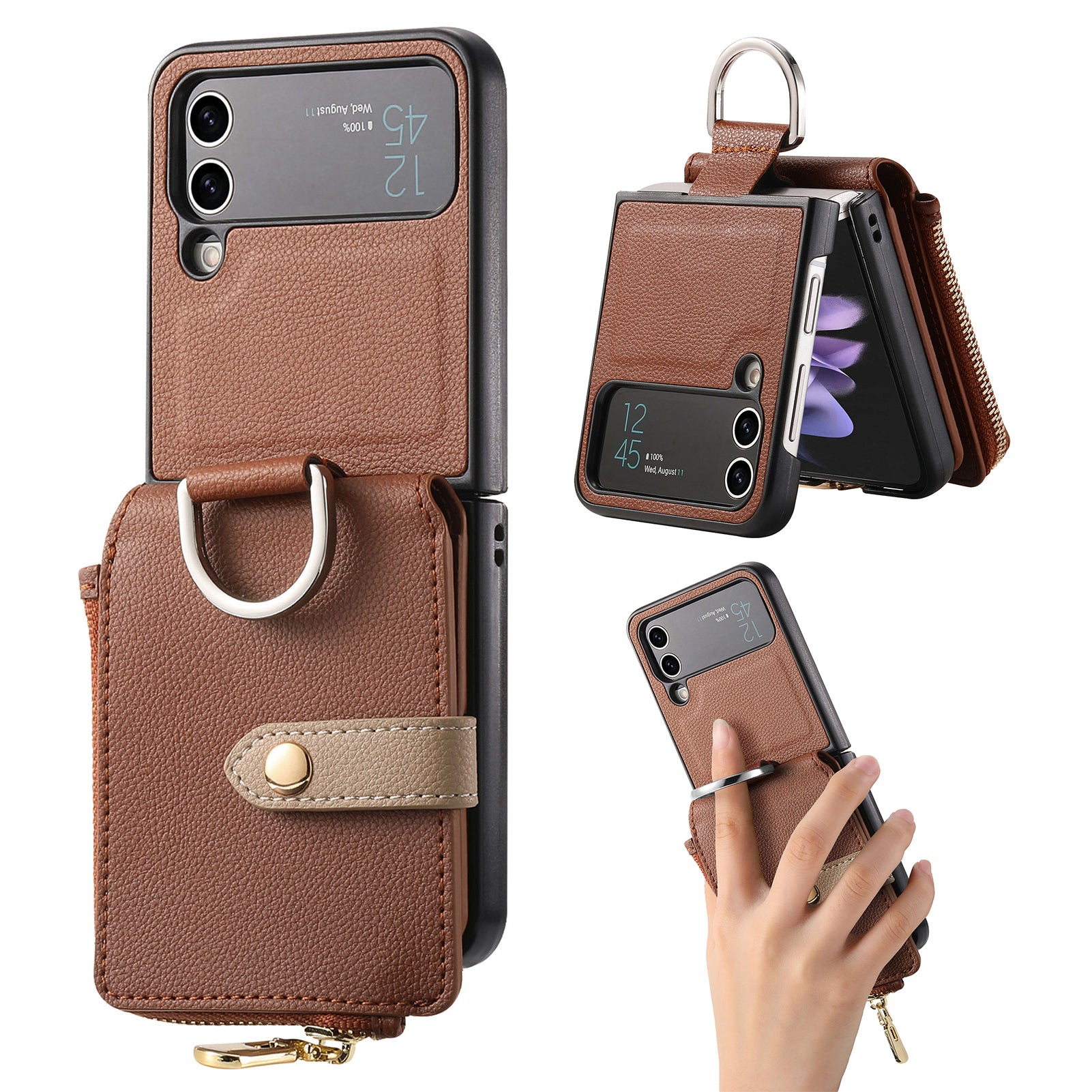 For Samsung Galaxy Z Flip4 5G Zipper Pocket Phone Case Finger Ring Card Holder Litchi Texture Leather PC Cover