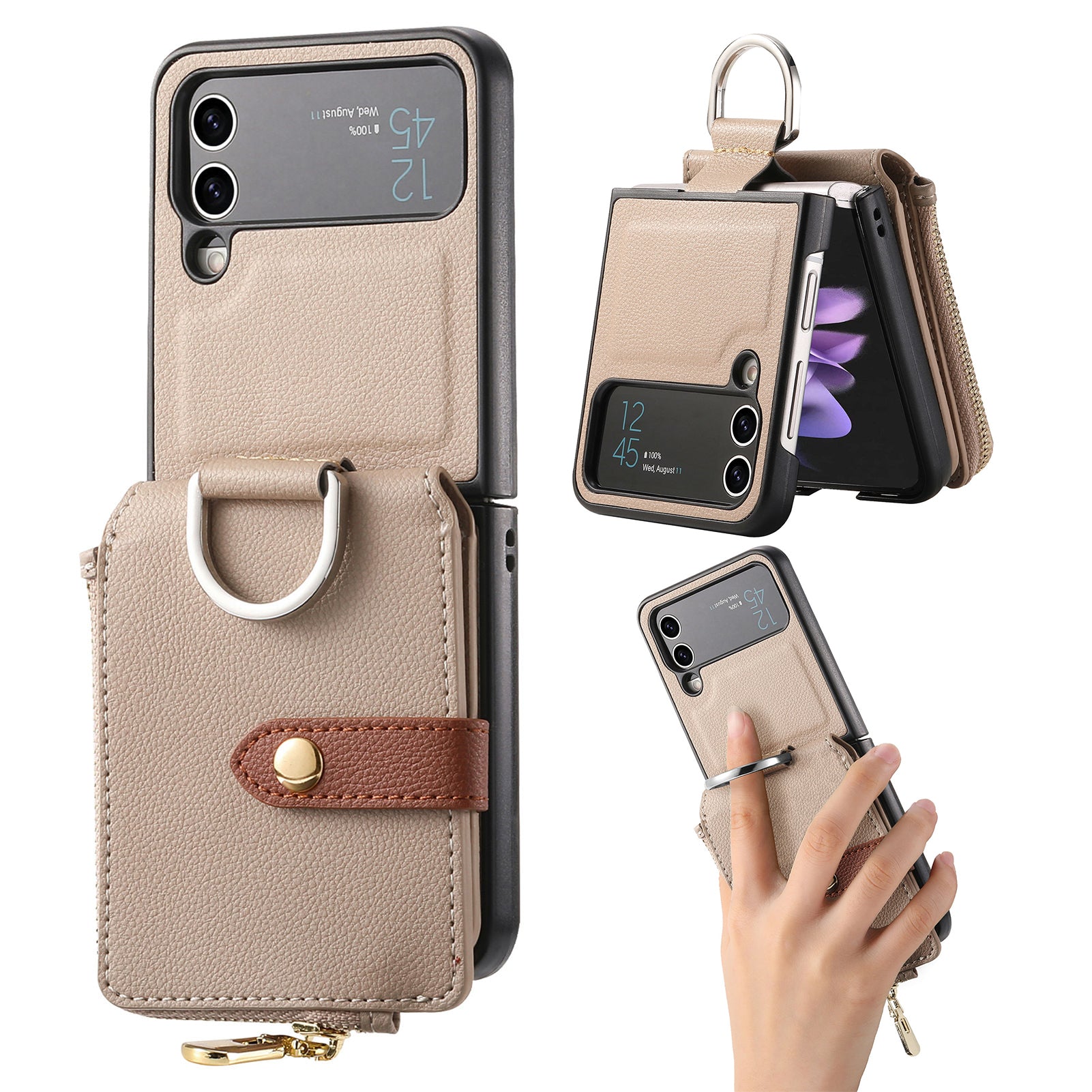 For Samsung Galaxy Z Flip4 5G Zipper Pocket Phone Case Finger Ring Card Holder Litchi Texture Leather PC Cover