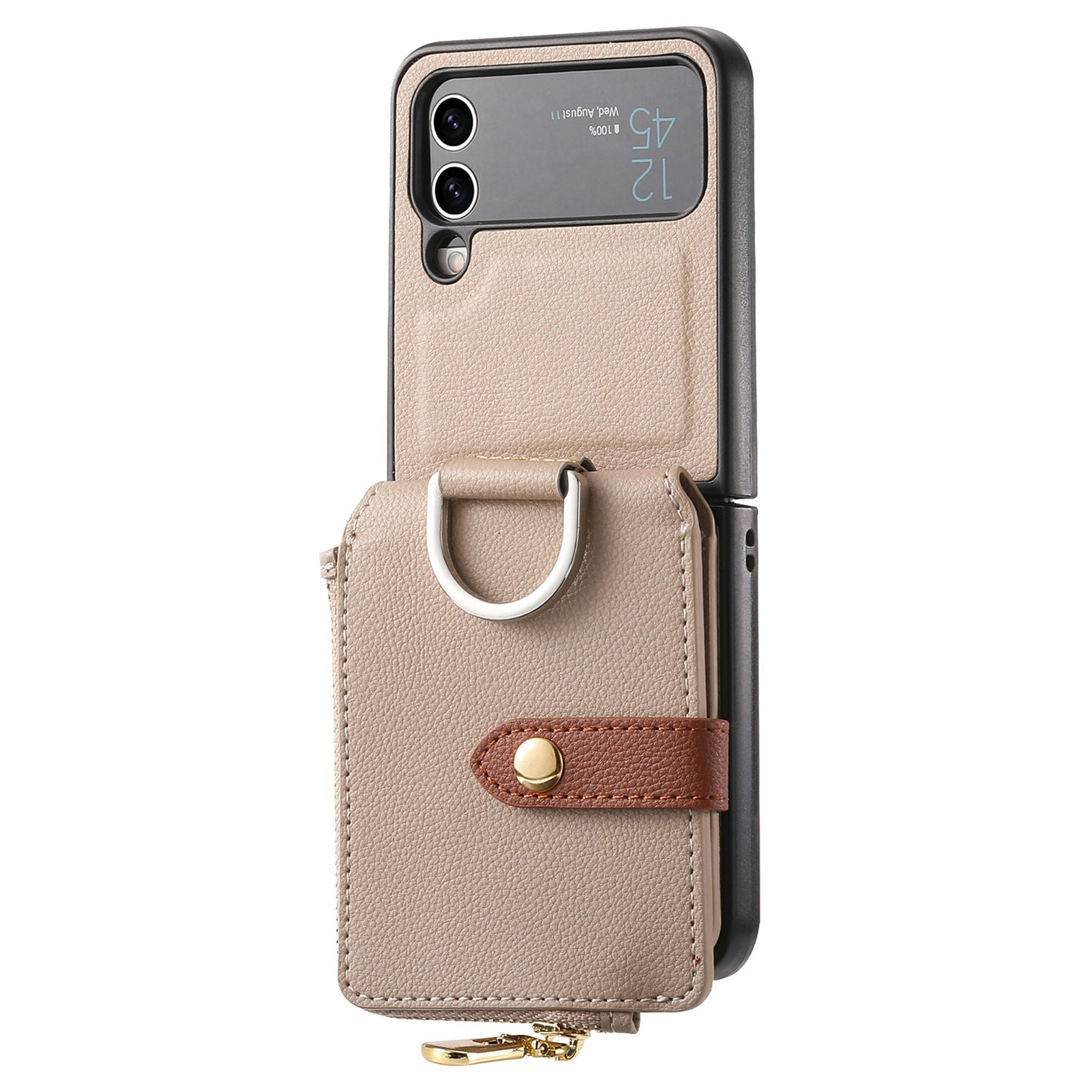For Samsung Galaxy Z Flip4 5G Zipper Pocket Phone Case Finger Ring Card Holder Litchi Texture Leather PC Cover
