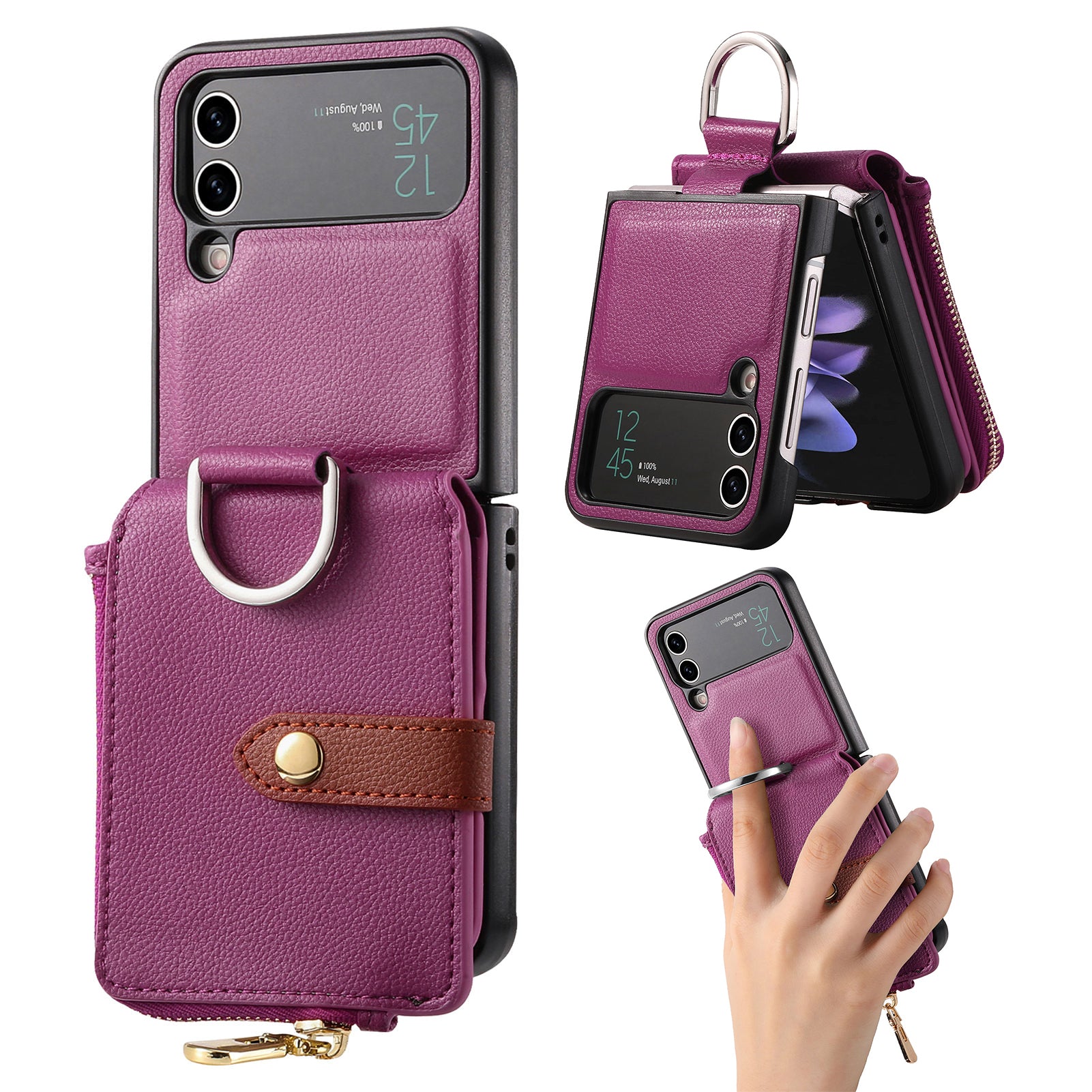 For Samsung Galaxy Z Flip4 5G Zipper Pocket Phone Case Finger Ring Card Holder Litchi Texture Leather PC Cover