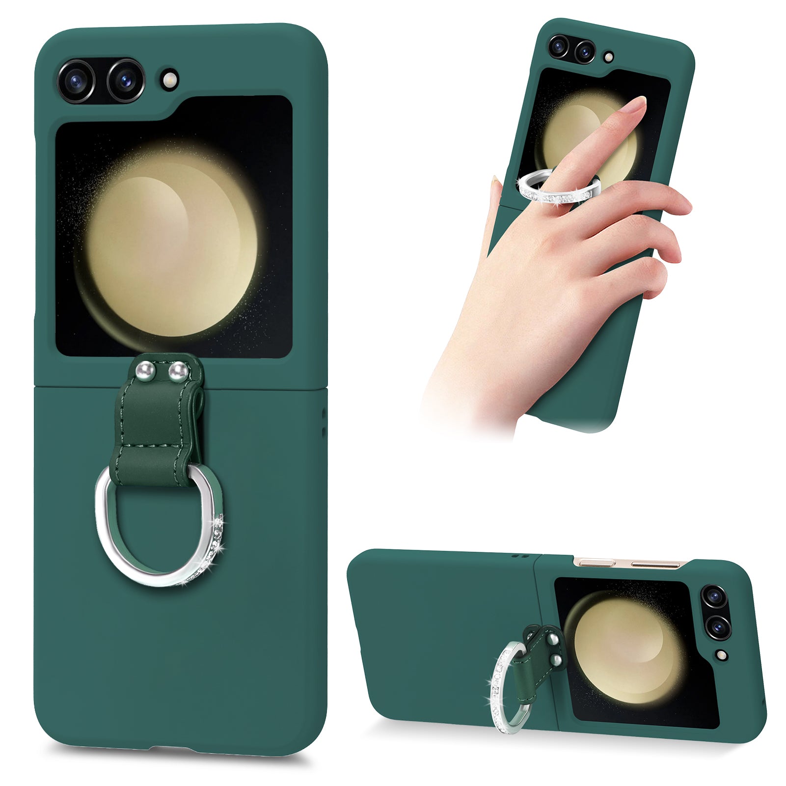 For Samsung Galaxy Z Flip5 5G PC Folding Phone Case Rhinestone Decor D-Ring Kickstand Skin-touch Phone Cover