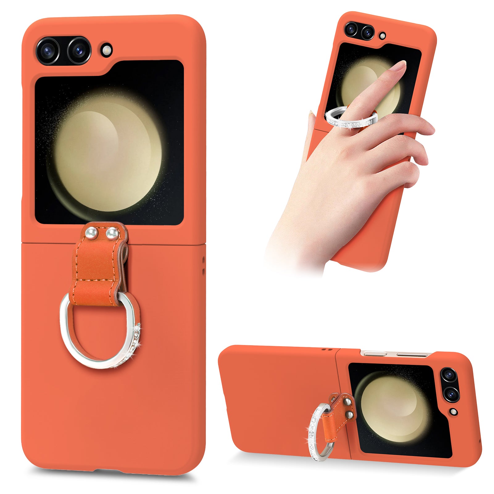 For Samsung Galaxy Z Flip5 5G PC Folding Phone Case Rhinestone Decor D-Ring Kickstand Skin-touch Phone Cover