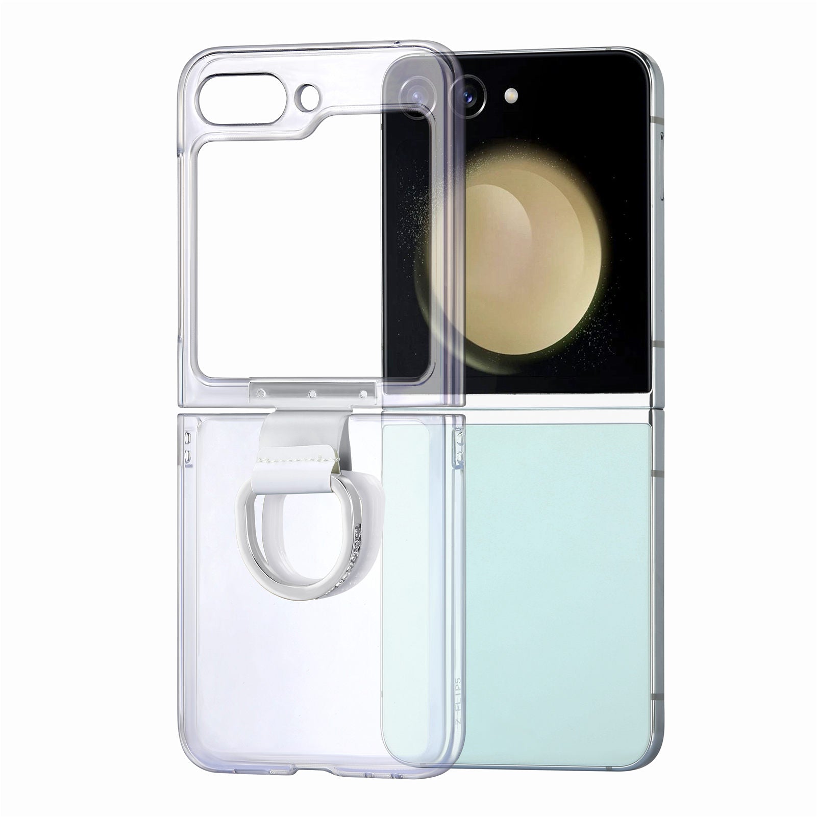 For Samsung Galaxy Z Flip5 5G Transparent PC Folding Phone Case Rhinestone Decor Ring Kickstand Phone Cover